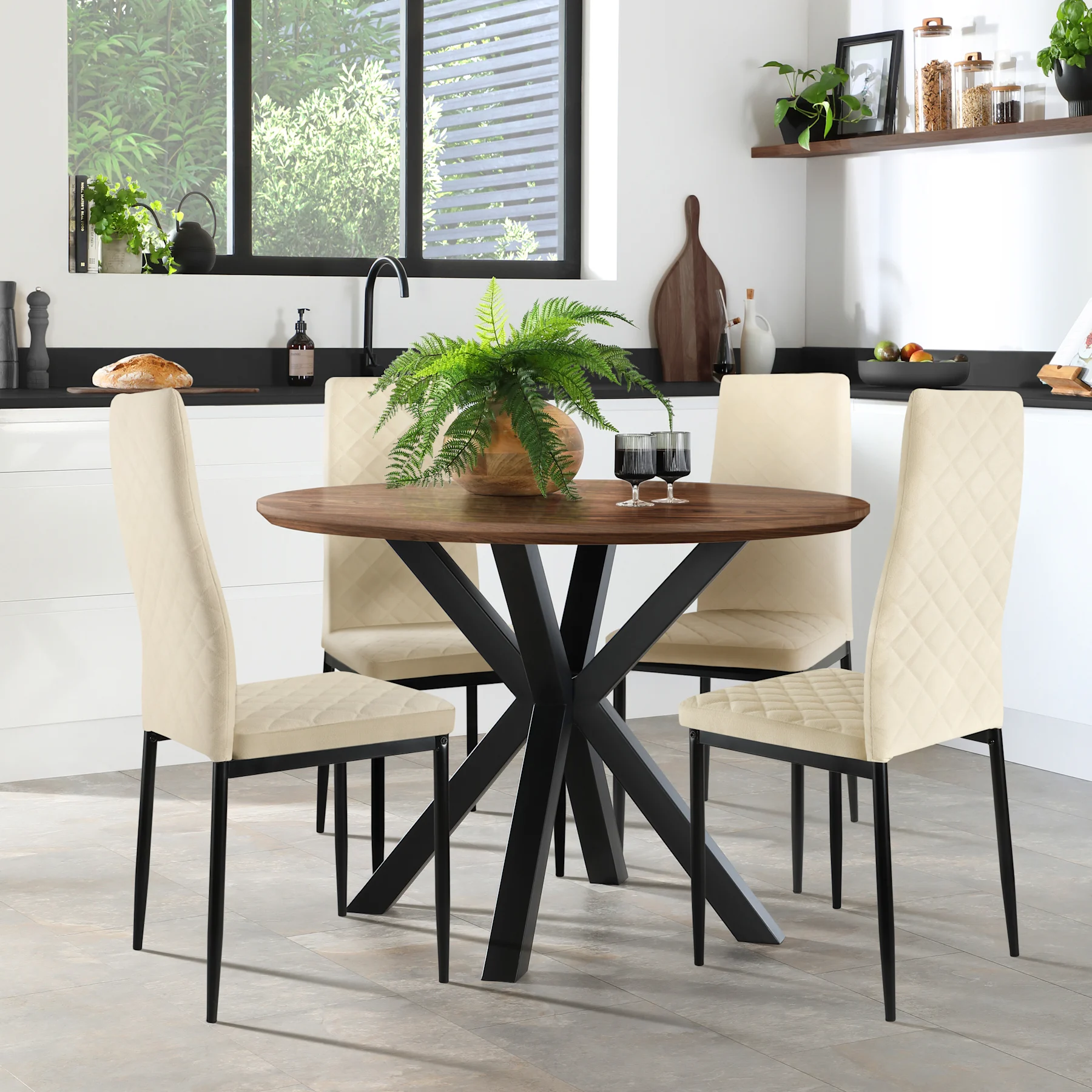 Newark Round Industrial Dining Table & 2 Renzo  Chairs, Walnut Effect & Black Steel, Ivory Classic Plush Fabric, 150cm