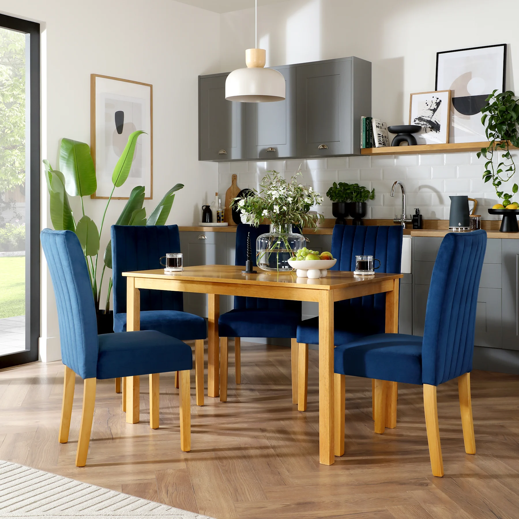 Milton Dining Table & 6 Salisbury Chairs, Natural Oak Finished Solid Hardwood, Blue Classic Velvet, 120cm