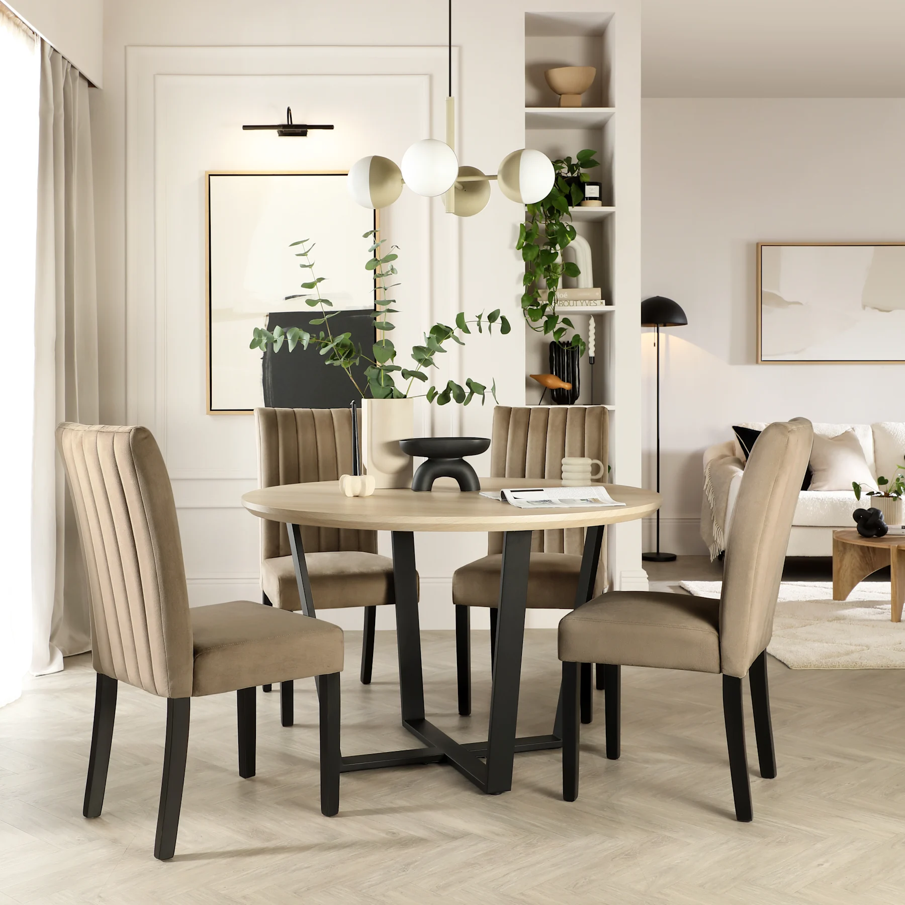 Traviso Round Dining Table & 4 Salisbury Chairs, Light Oak Effect & Black Steel, Beige Classic Velvet & Black Solid Hardwood, 120cm