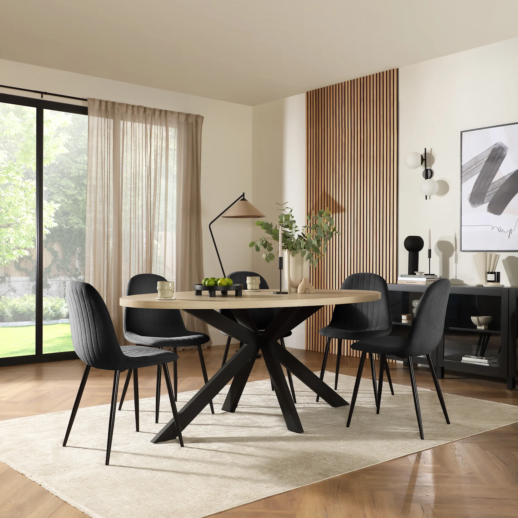 Madison Oval Dining Table & 6 Brooklyn Chairs, Light Oak Effect & Black Steel, Black Classic Velvet, 180cm