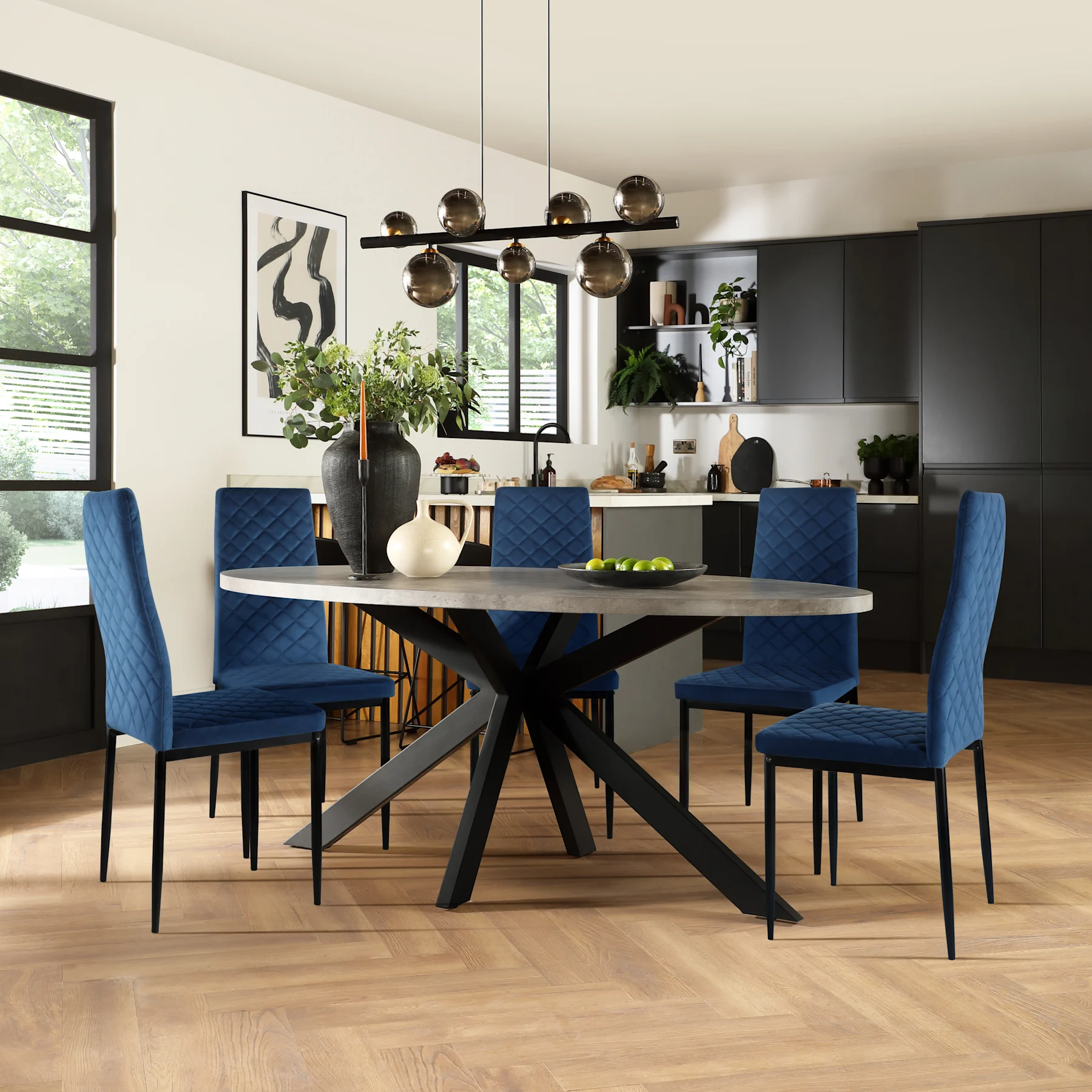 Madison Oval Industrial Dining Table & 6 Renzo  Chairs, Grey Concrete Effect & Black Steel, Blue Classic Velvet, 150cm