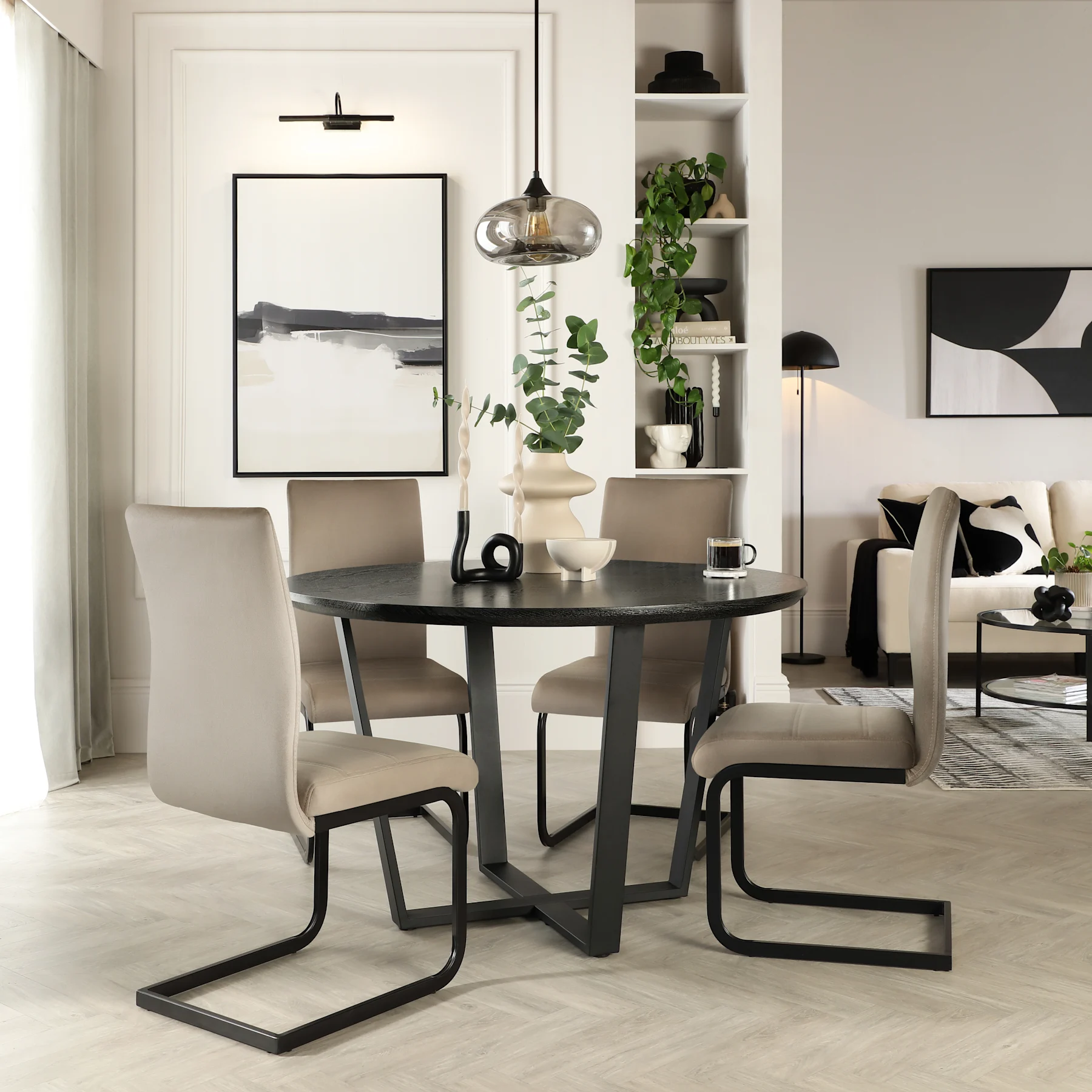 Traviso Round Dining Table & 4 Perth Chairs, Black Oak Effect & Black Steel, Champagne Classic Velvet, 120cm