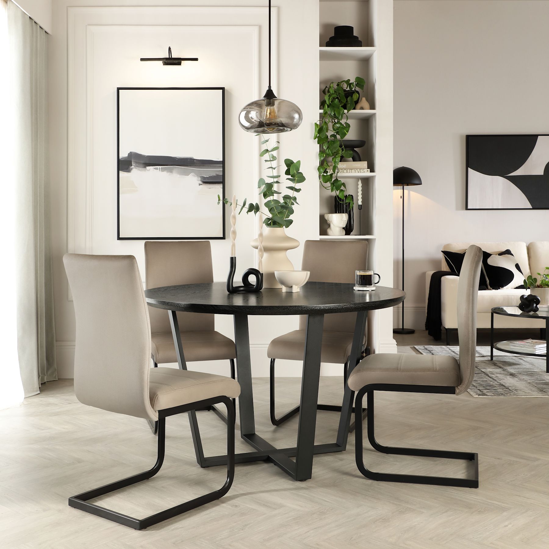 Traviso Round Dining Table & 4 Perth Chairs, Black Oak Effect & Black ...