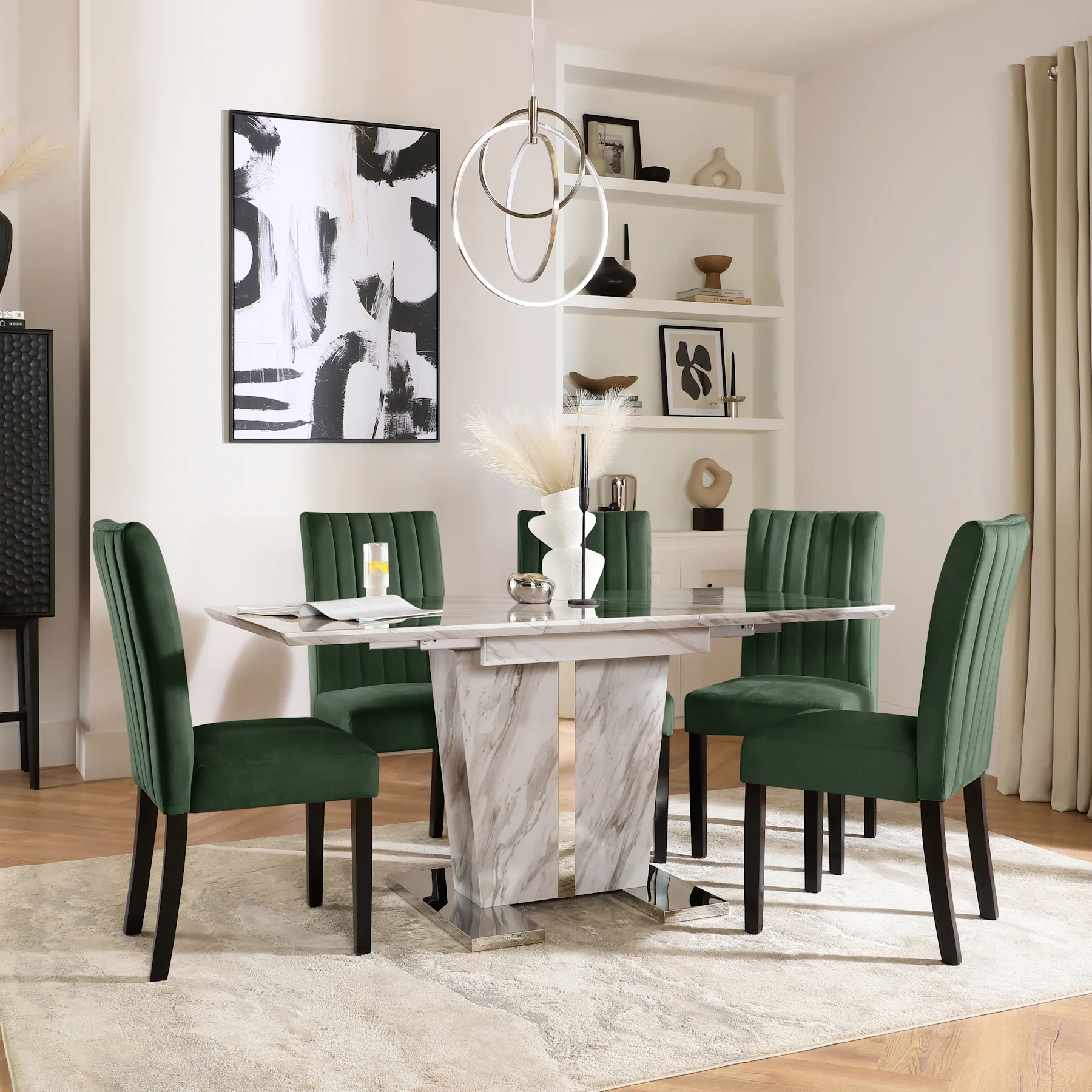 Vienna Extending Dining Table & 4 Salisbury Chairs, Grey Marble Effect, Moss Green Classic Velvet & Black Solid Hardwood, 120-160cm