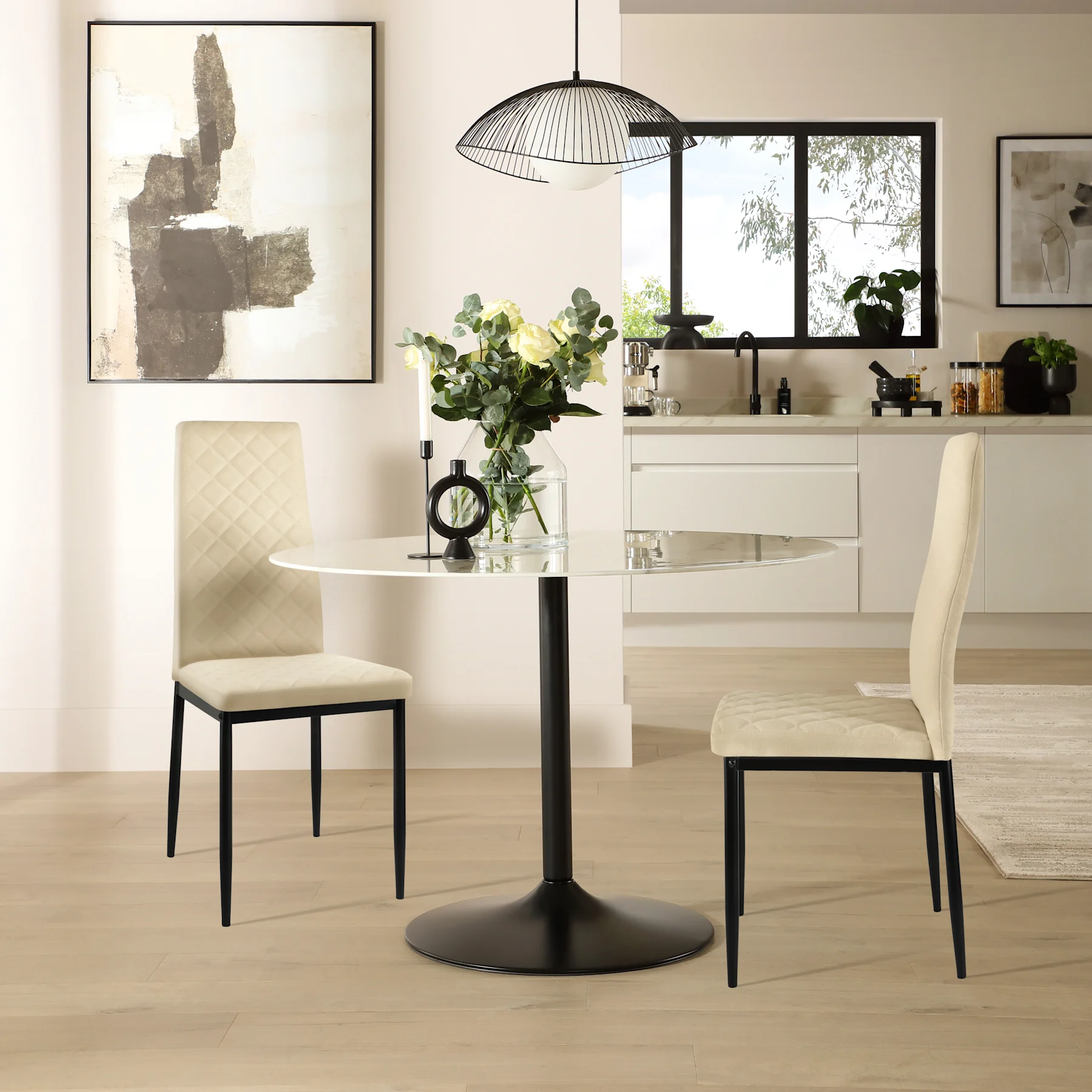 Orbit Round Dining Table & 2 Renzo  Chairs, White Marble Effect & Black Steel, Ivory Classic Plush Fabric, 150cm