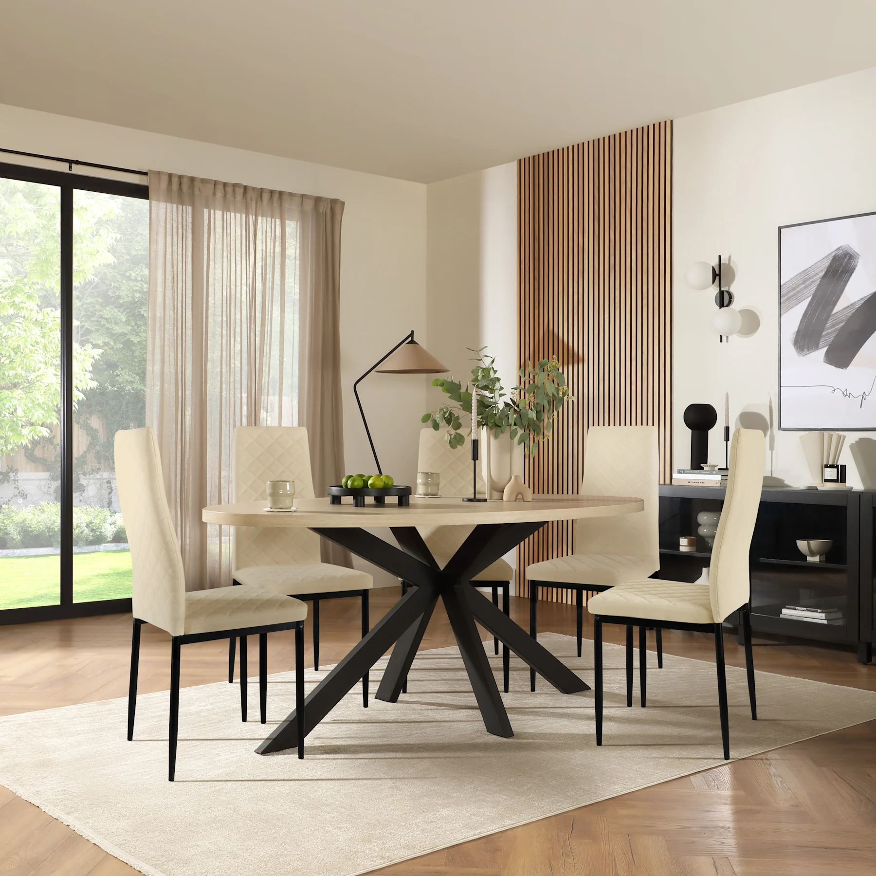 Madison Oval Dining Table & 4 Renzo  Chairs, Light Oak Effect & Black Steel, Ivory Classic Plush Fabric, 150cm