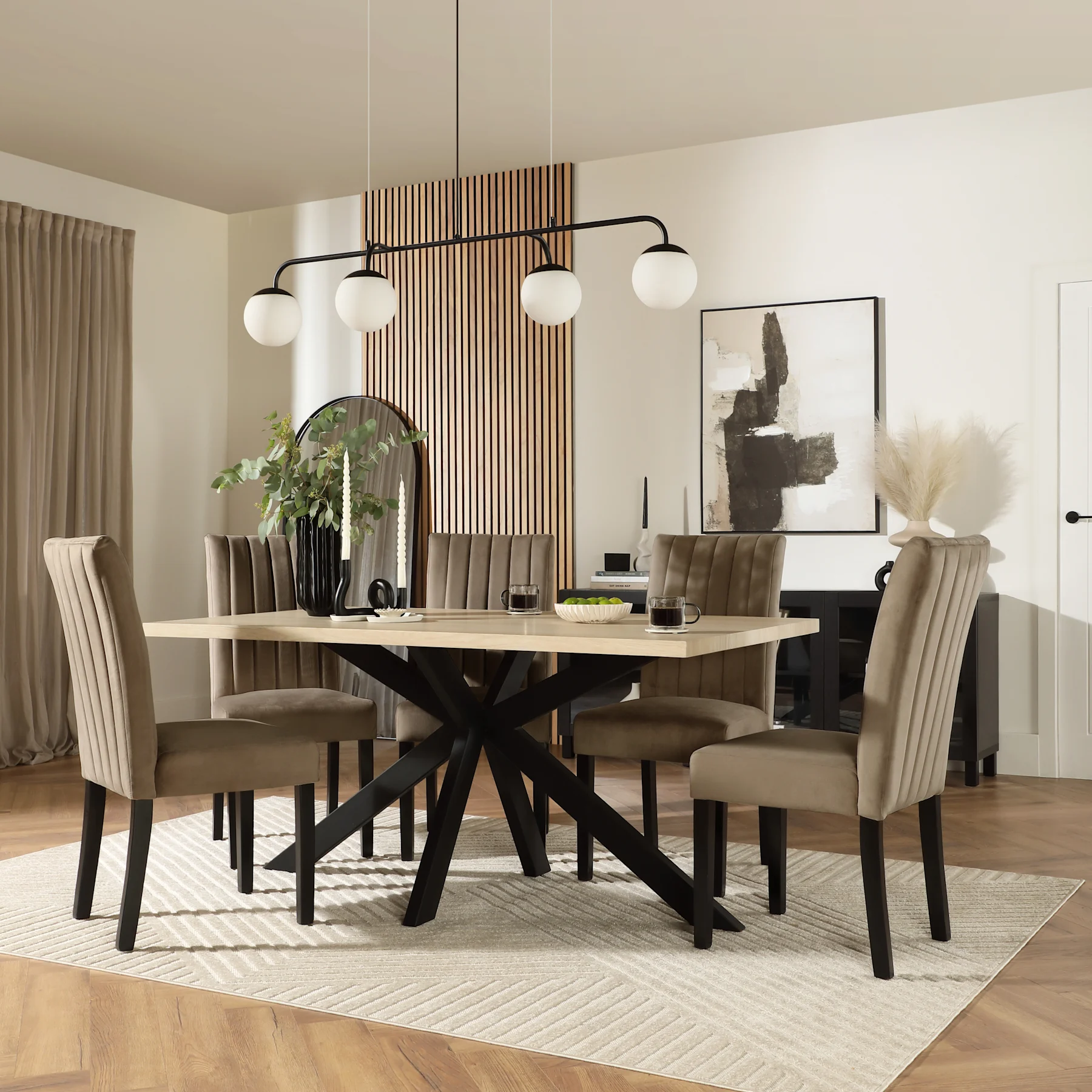 Madison Dining Table & 6 Salisbury Chairs, Light Oak Effect & Black Steel, Beige Classic Velvet & Black Solid Hardwood, 160cm