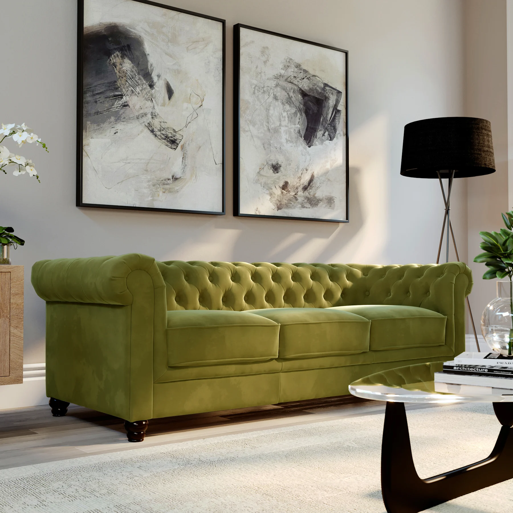 Hampton 3 Seater Chesterfield Sofa, Olive Green Classic Velvet
