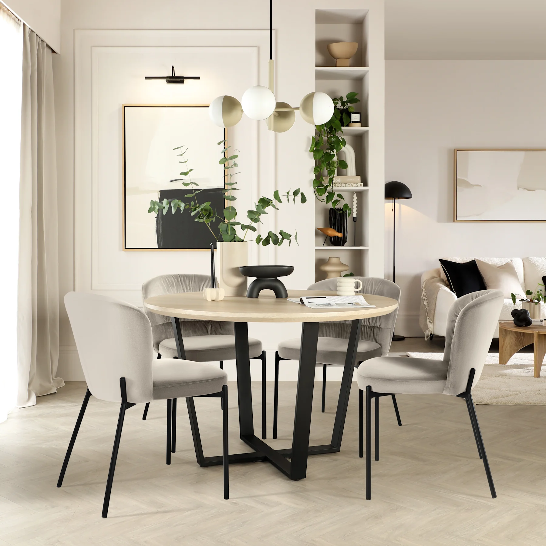 Traviso Round Dining Table & 2 Gianna Chairs, Light Oak Effect & Black Steel, Grey Classic Velvet, 120cm