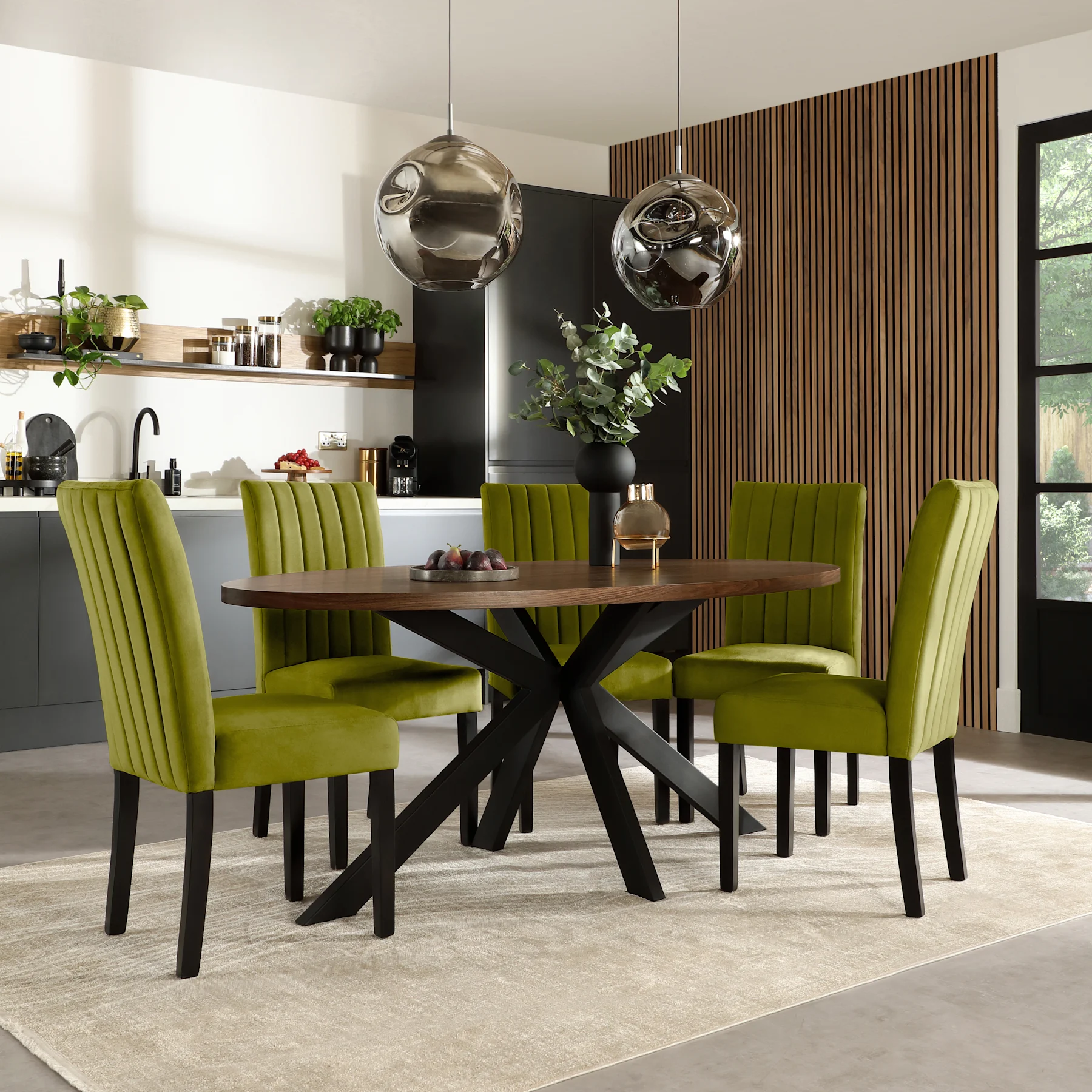 Madison Oval Industrial Dining Table & 4 Salisbury Chairs, Walnut Effect & Black Steel, Olive Green Classic Velvet & Black Solid Hardwood, 180cm