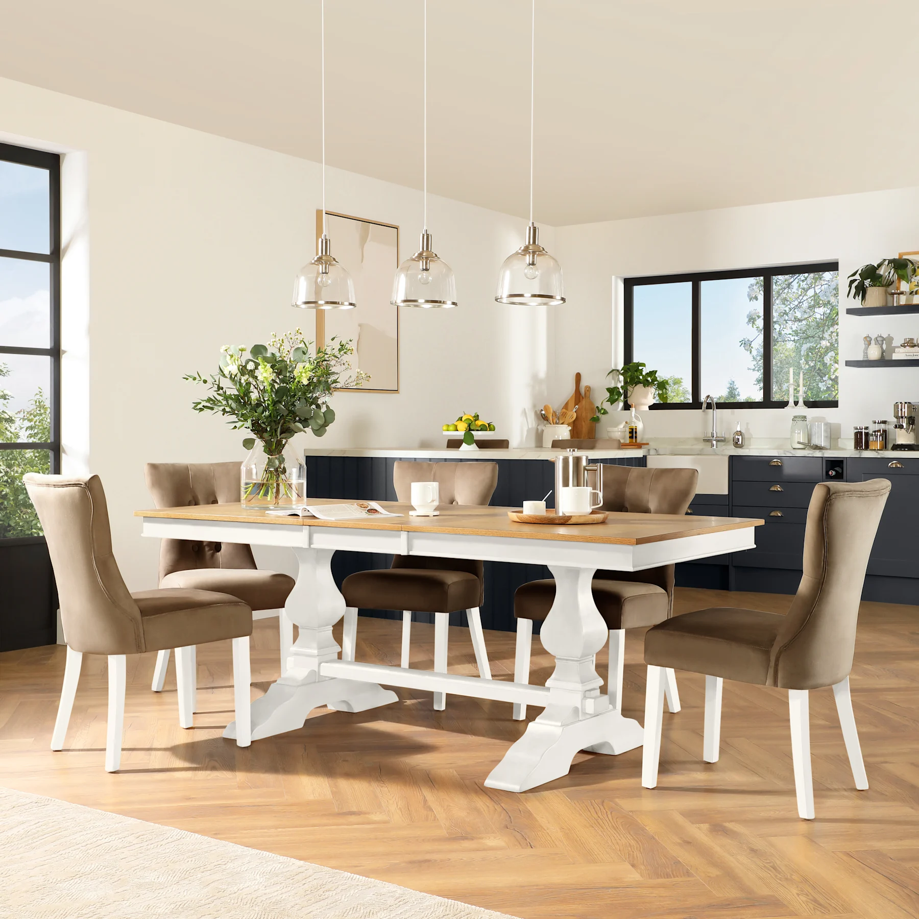 Cavendish Extending Dining Table & 8 Bewley Chairs, Natural Oak Veneer & White Solid Hardwood, Beige Classic Velvet, 150-200cm