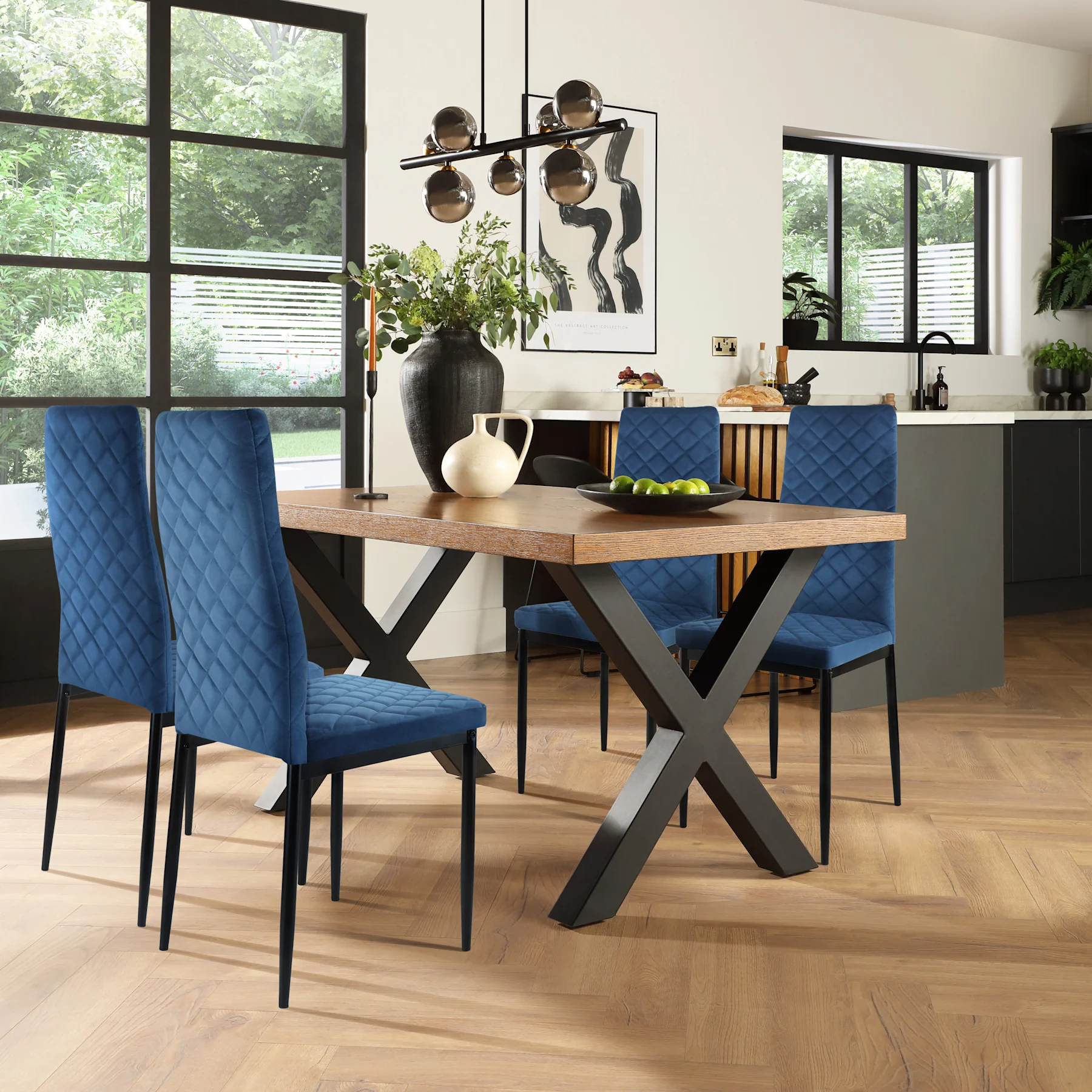 Franklin Industrial Dining Table & 4 Renzo  Chairs, Dark Oak Veneer & Black Steel, Blue Classic Velvet, 150cm