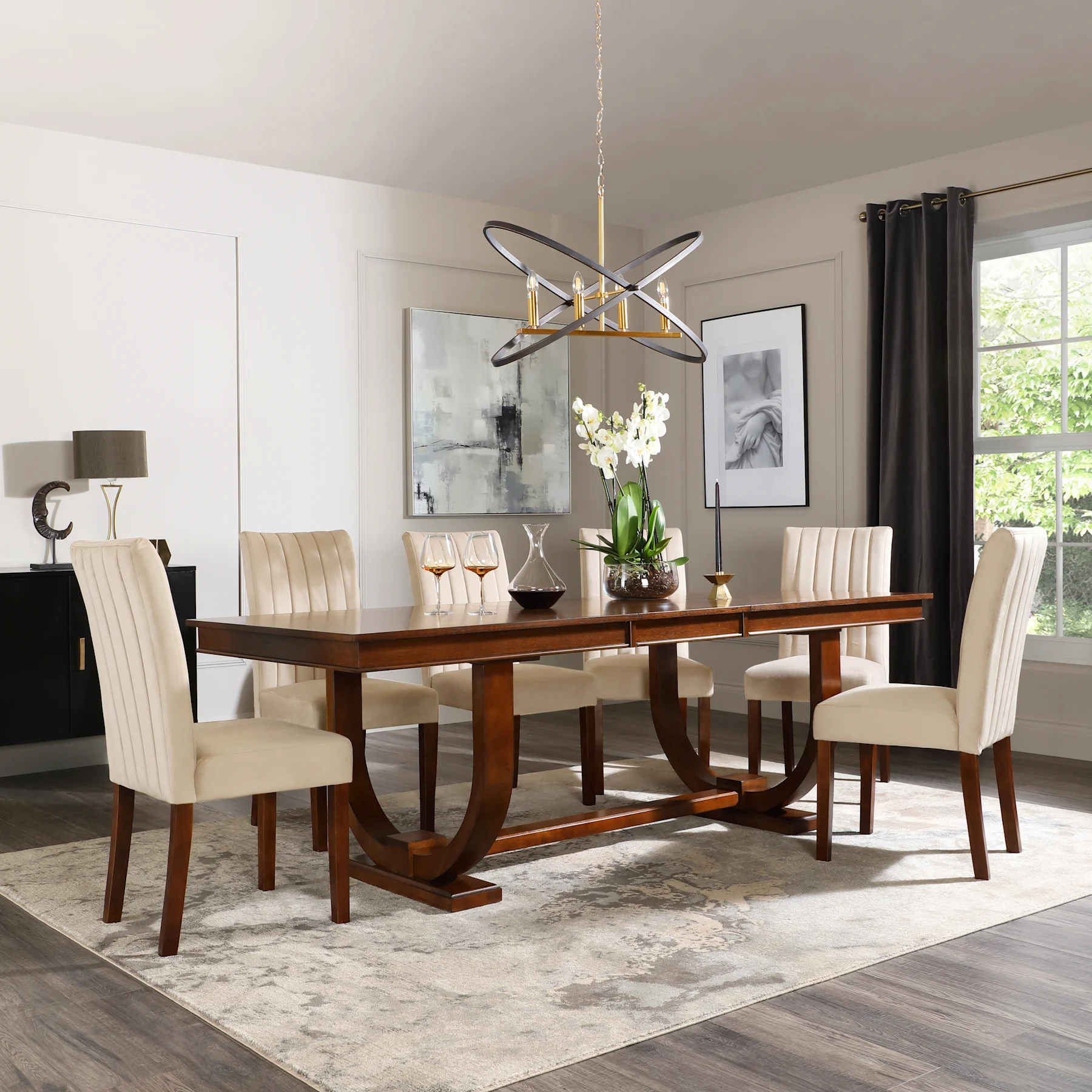 Pavilion Extending Dining Table & 4 Salisbury Chairs, Dark Oak Veneer & Solid Hardwood, Ivory Classic Plush Fabric & Dark Solid Hardwood, 180-225cm