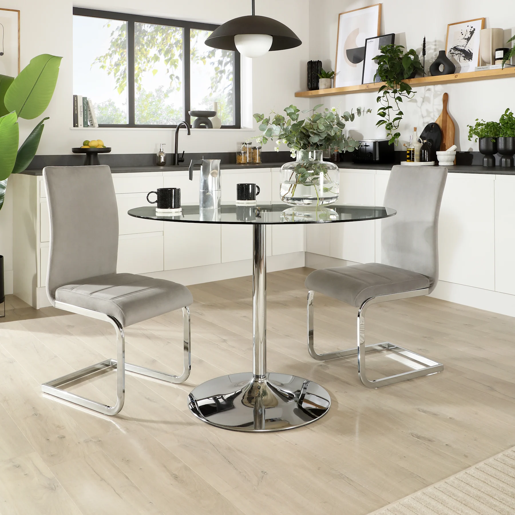 Orbit Round Dining Table & 2 Perth Chairs, Glass & Chrome, Grey Classic Velvet, 110cm