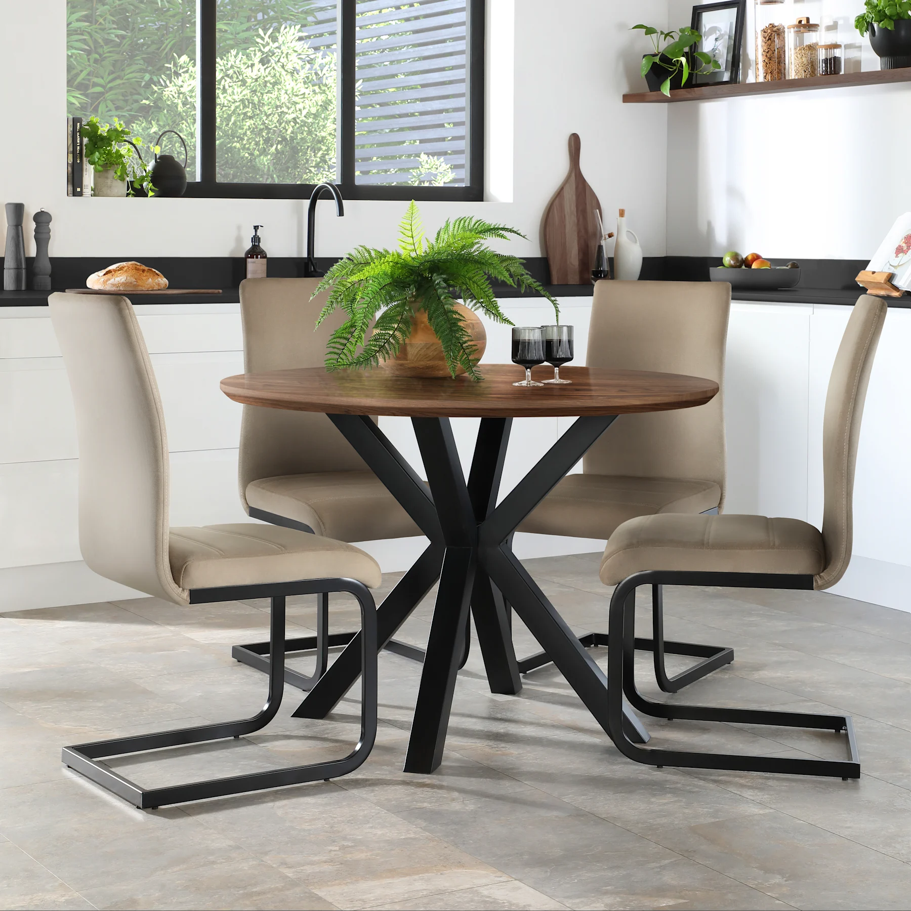 Newark Round Industrial Dining Table & 2 Perth Chairs, Walnut Effect & Black Steel, Champagne Classic Velvet, 110cm