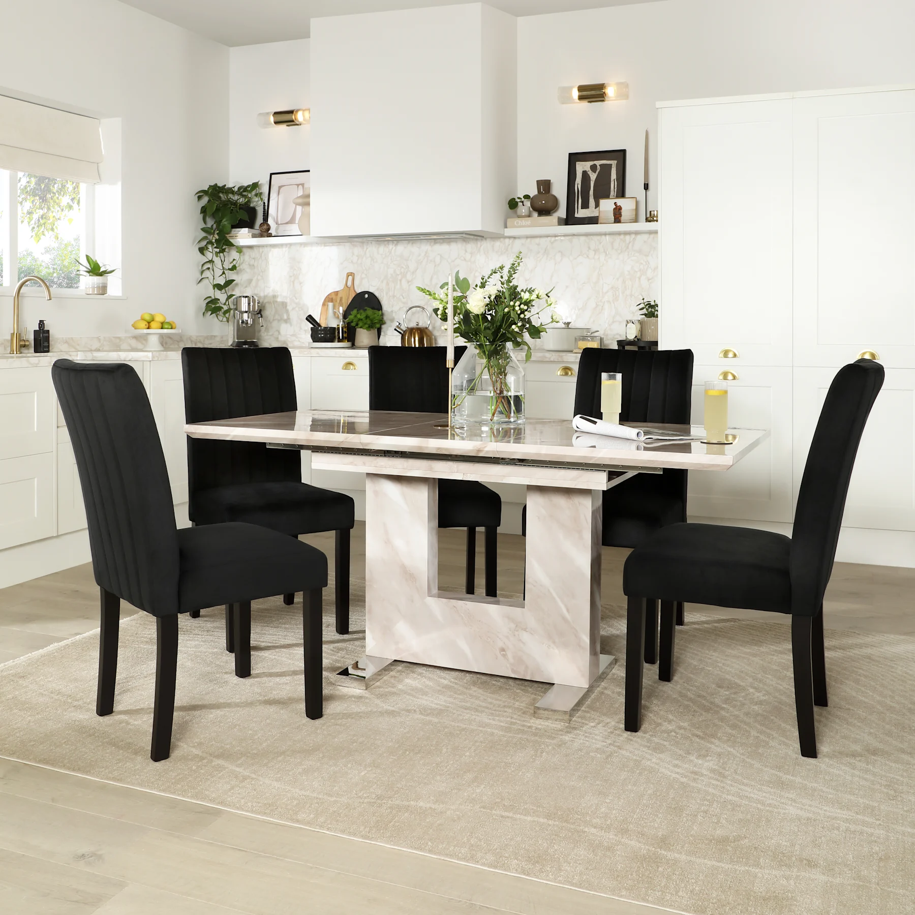 Florence Extending Dining Table & 6 Salisbury Chairs, Beige Marble Effect, Black Classic Velvet & Black Solid Hardwood, 120-160cm