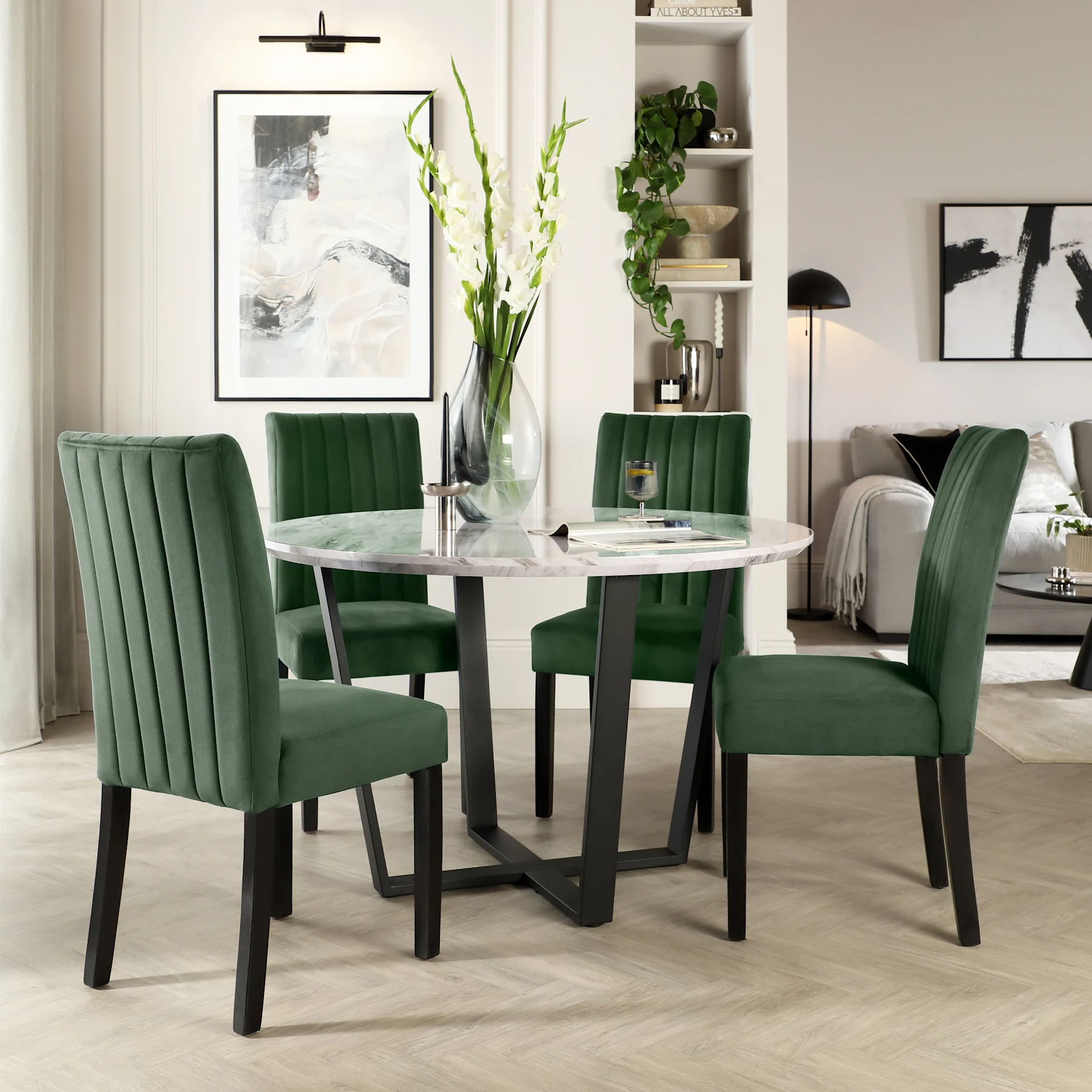 Traviso Round Dining Table & 4 Salisbury Chairs, Grey Marble Effect & Black Steel, Moss Green Classic Velvet & Black Solid Hardwood, 120cm