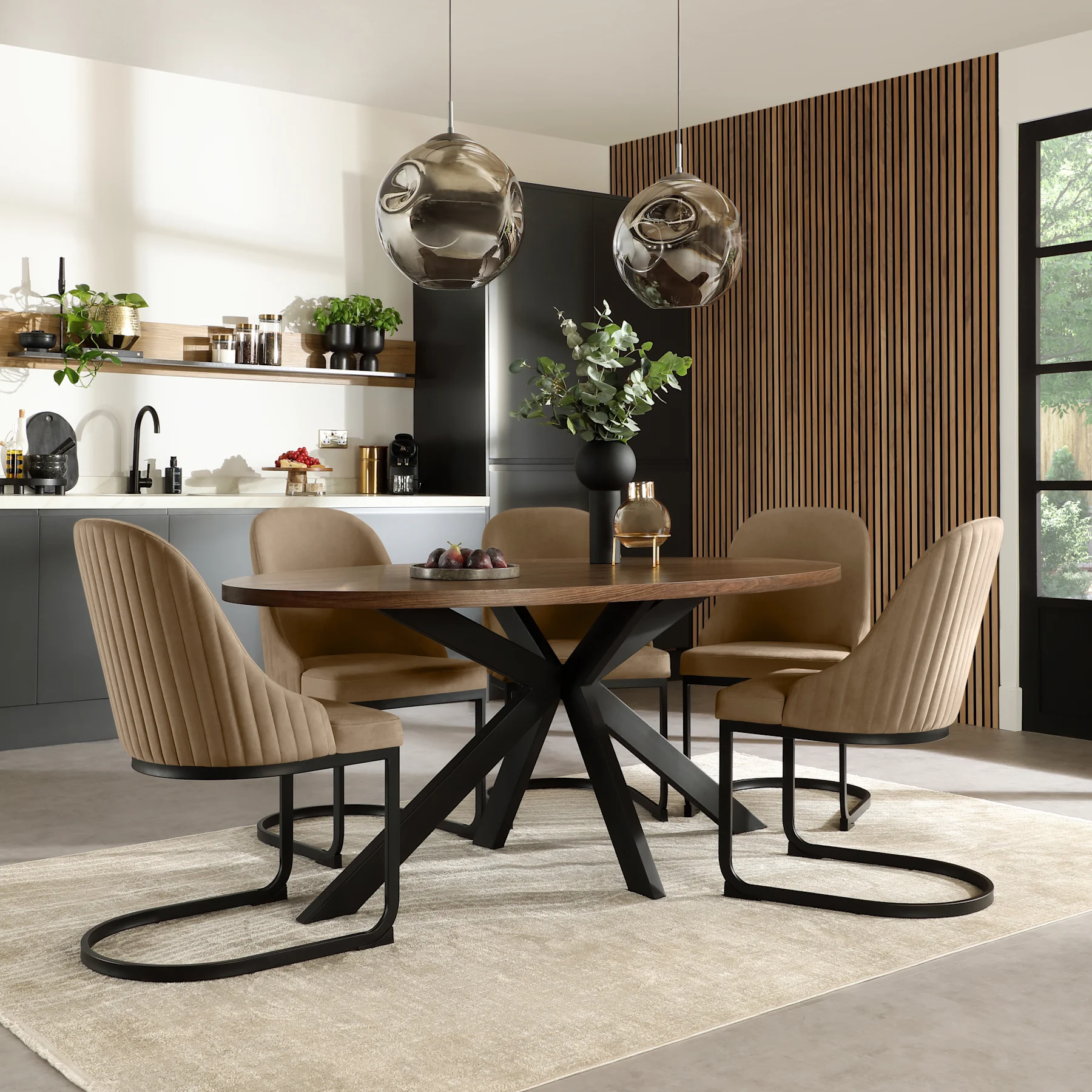 Madison Oval Industrial Dining Table & 4 Riva Chairs, Walnut Effect & Black Steel, Beige Classic Velvet, 180cm