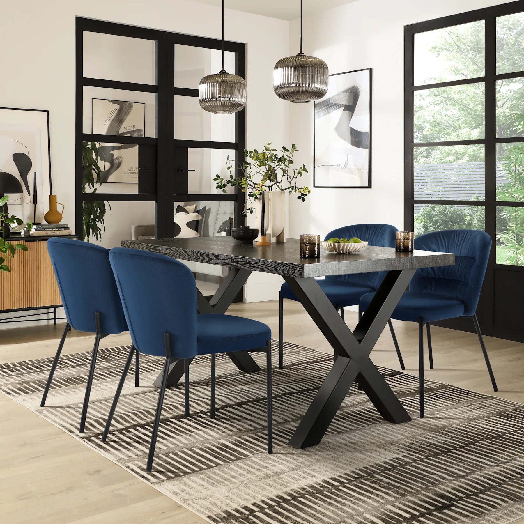 Franklin Dining Table & 4 Gianna Chairs, Black Oak Effect & Black Steel, Blue Classic Velvet, 150cm