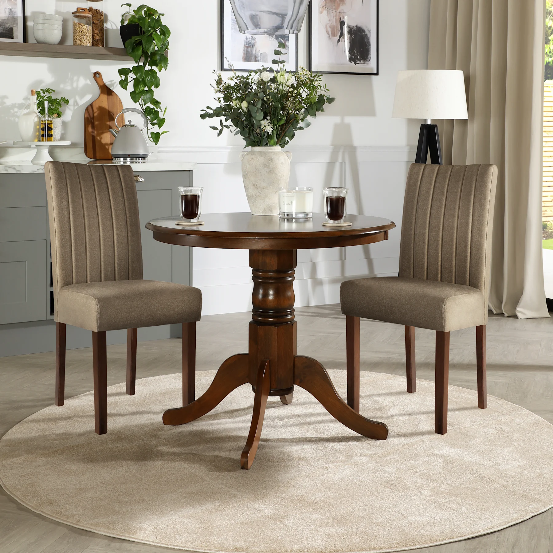 Kingston Round Dining Table & 2 Salisbury Chairs, Dark Solid Hardwood, Beige Classic Velvet, 90cm