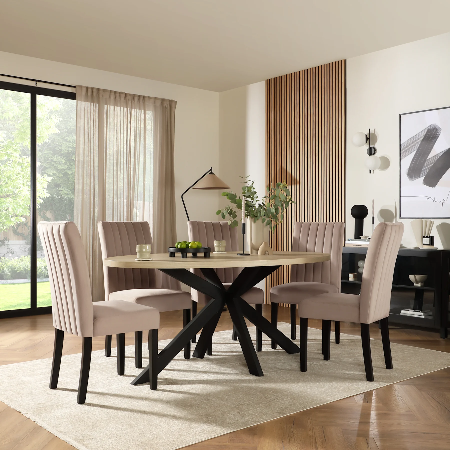 Madison Oval Dining Table & 6 Salisbury Chairs, Light Oak Effect & Black Steel, Beige Classic Plush Fabric & Black Solid Hardwood, 180cm