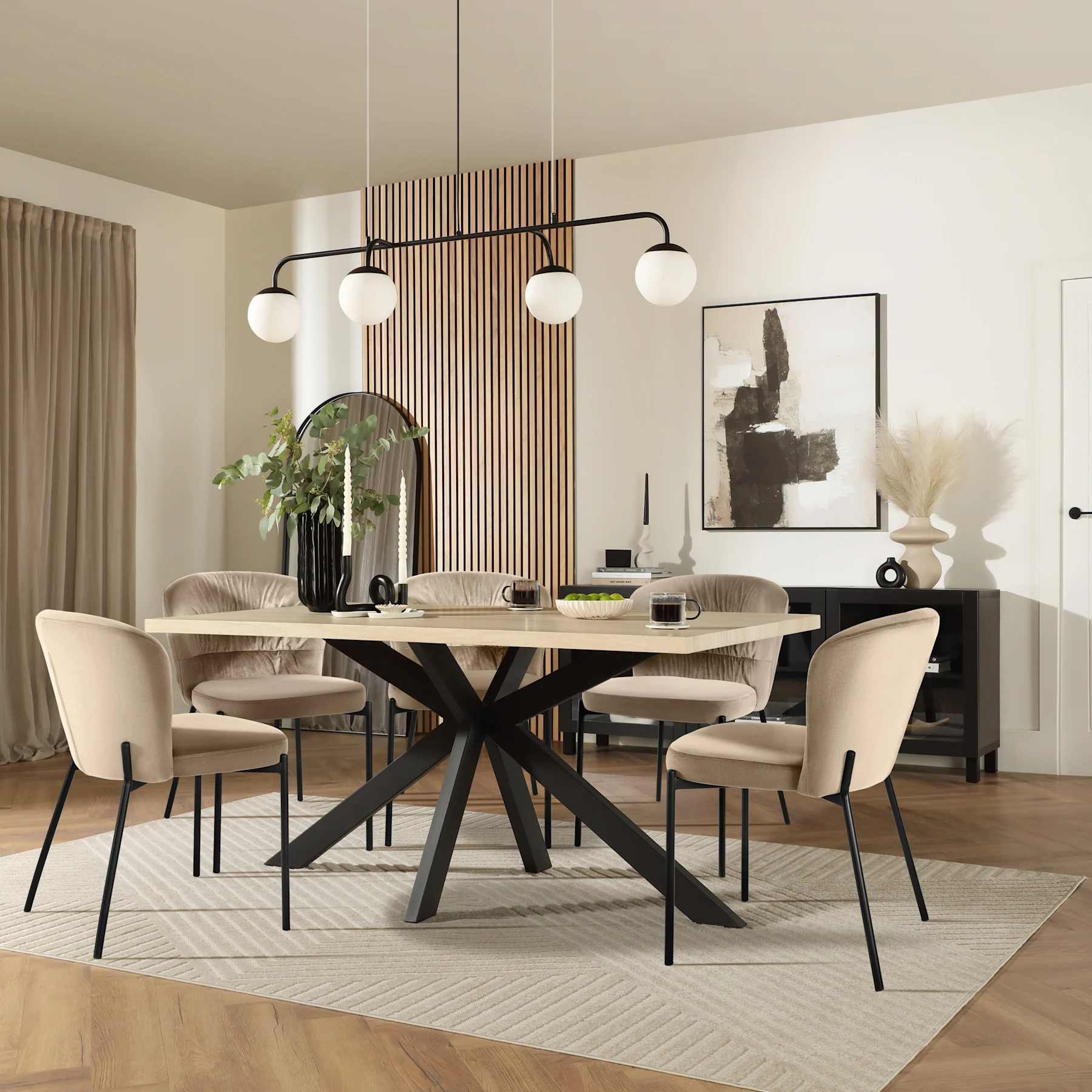 Madison Dining Table & 4 Gianna Chairs, Light Oak Effect & Black Steel, Champagne Classic Velvet, 160cm