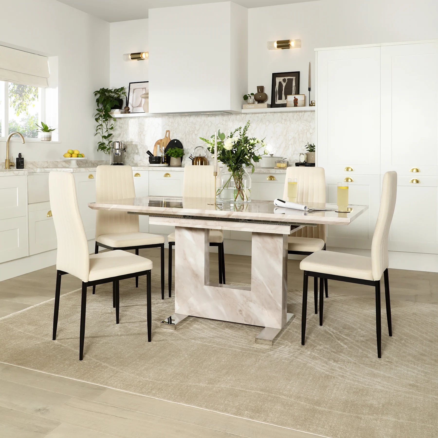 Florence Extending Dining Table & 6 Leon Chairs, Beige Marble Effect, Ivory Classic Plush Fabric & Black Steel, 120-160cm
