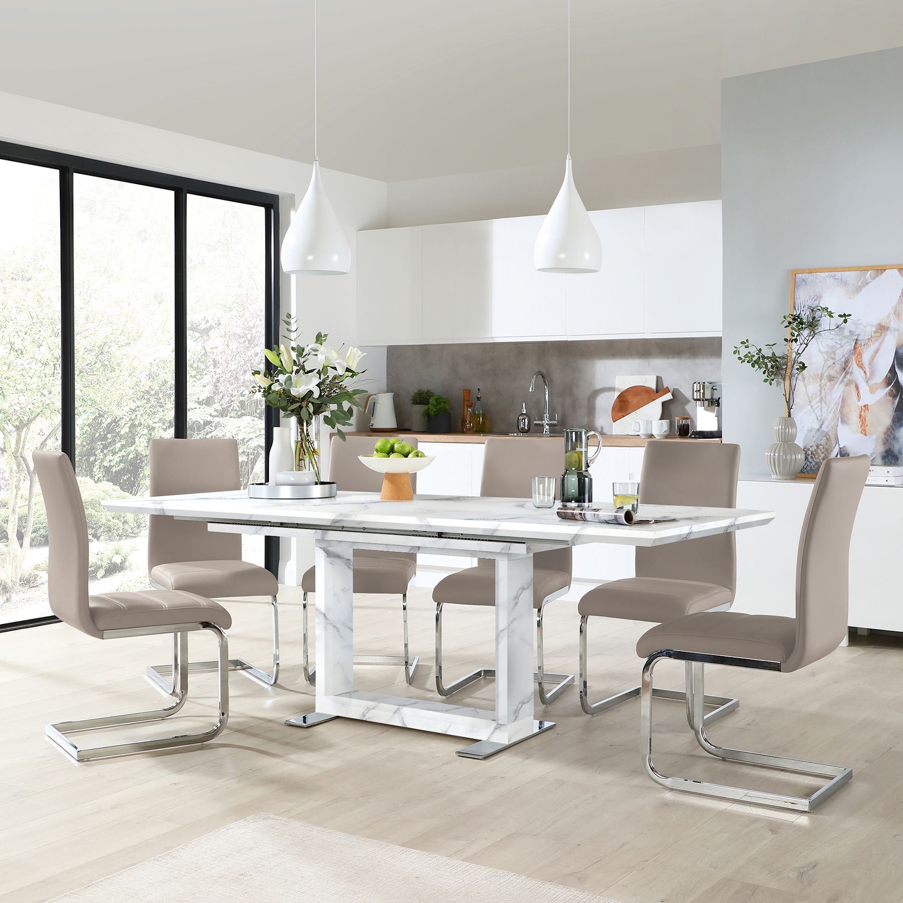 Tokyo Extending Dining Table & 4 Perth Chairs, White Marble Effect ...