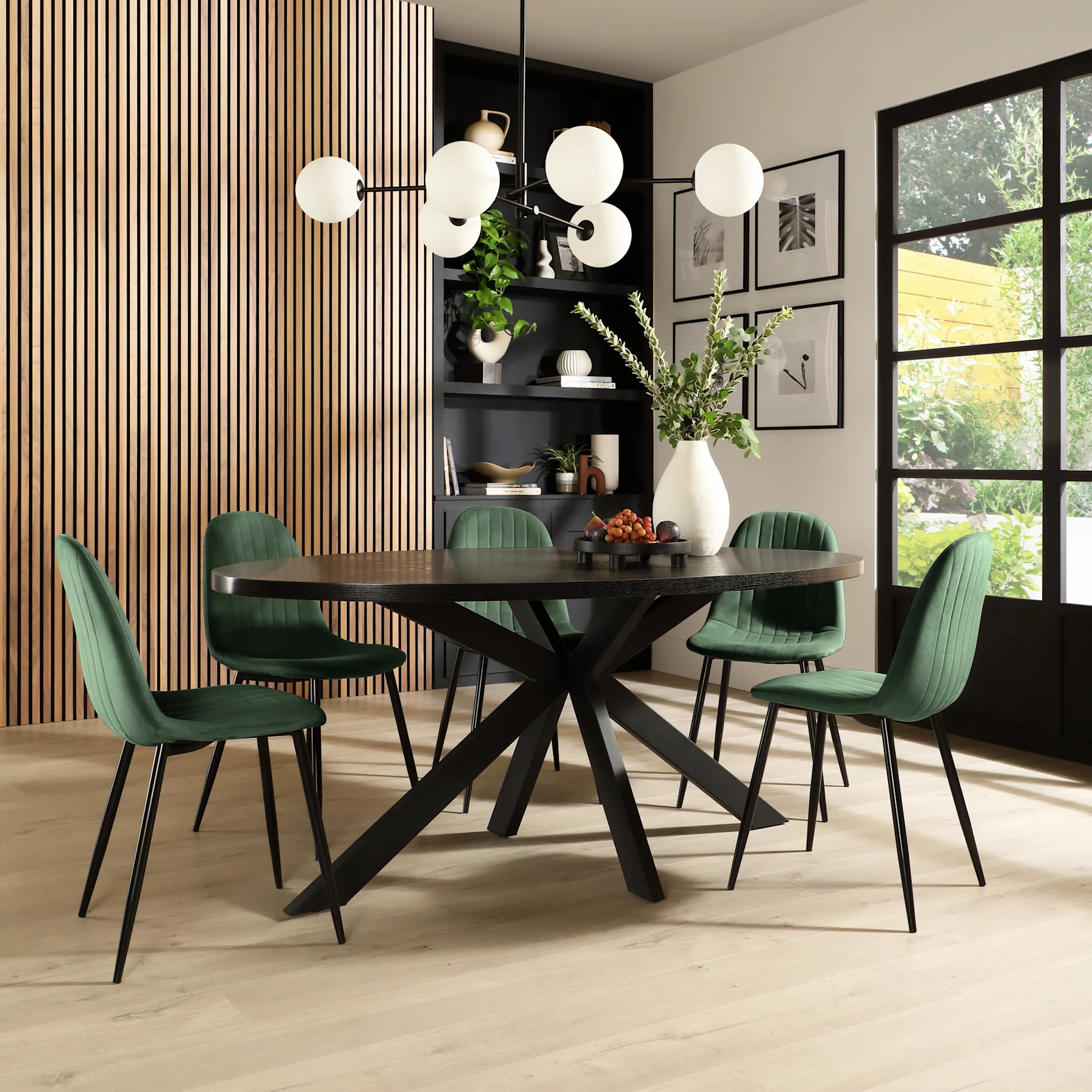 Madison Oval Dining Table & 6 Brooklyn Chairs, Black Oak Effect & Black Steel, Moss Green Classic Velvet, 180cm
