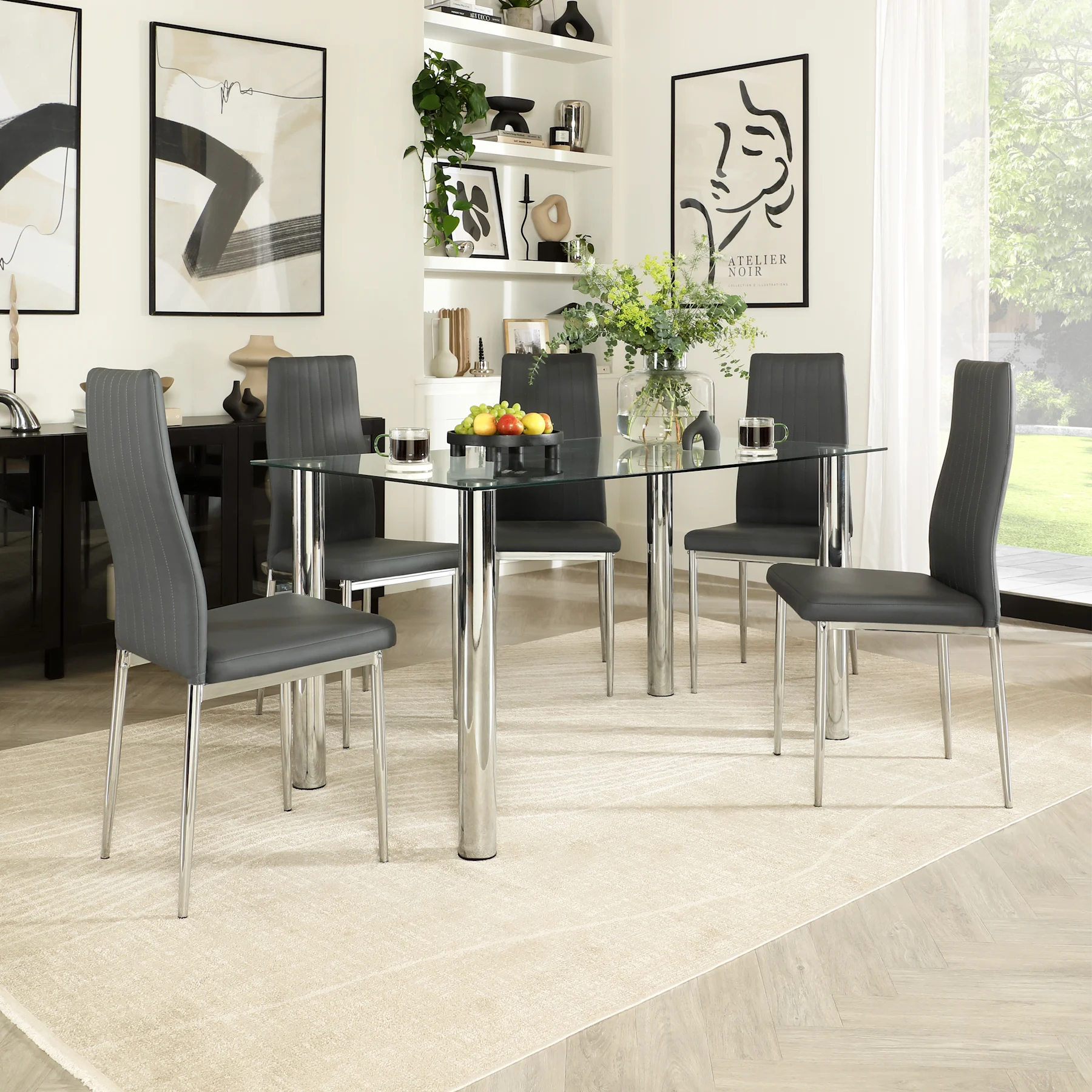 Lunar Dining Table & 6 Leon Chairs, Glass & Chrome, Grey Premium Faux Leather, 140cm