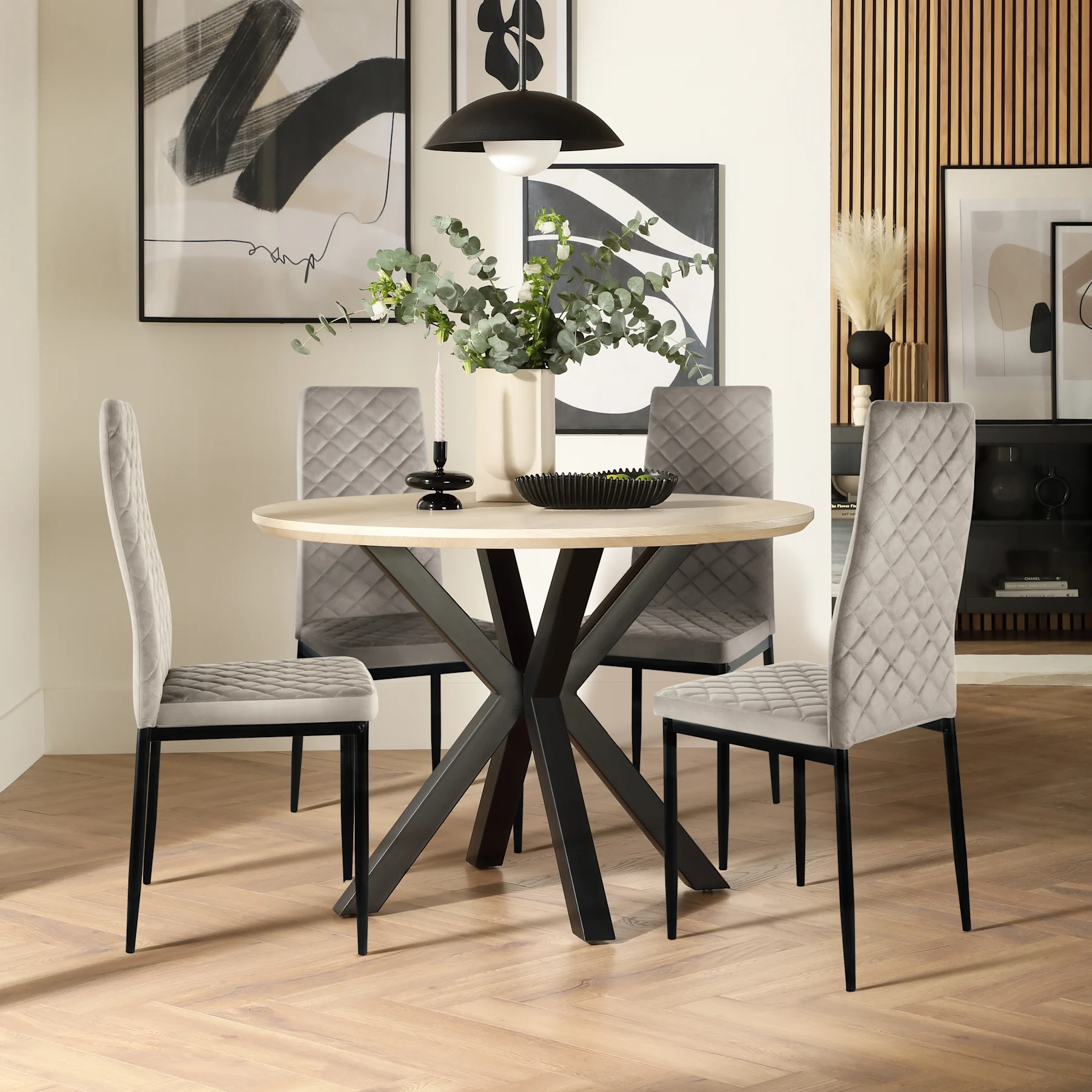 Newark Round Dining Table & 4 Renzo  Chairs, Light Oak Effect & Black Steel, Grey Classic Velvet, 150cm