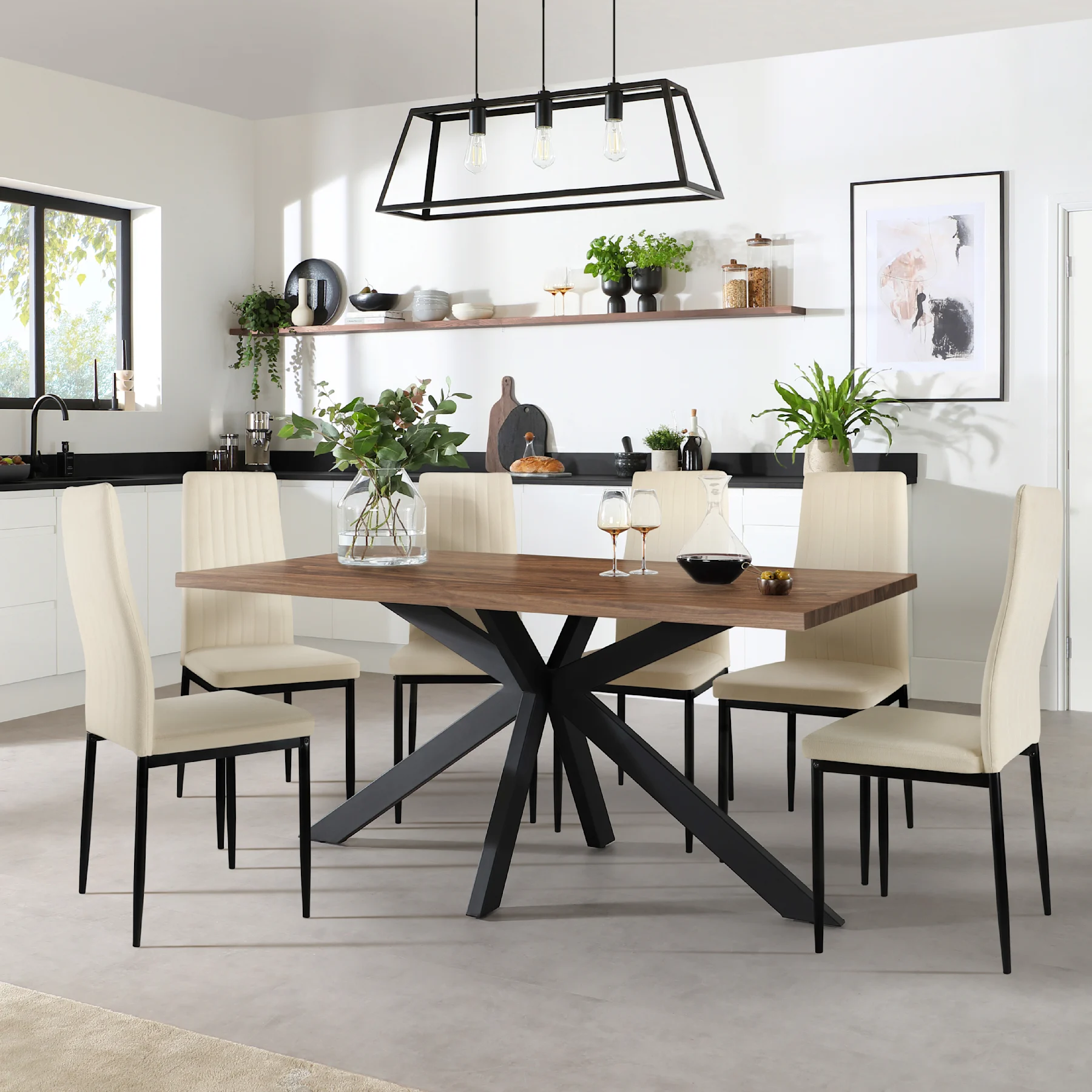 Madison Industrial Dining Table & 6 Leon  Chairs, Walnut Effect & Black Steel, Ivory Classic Plush Fabric, 150cm