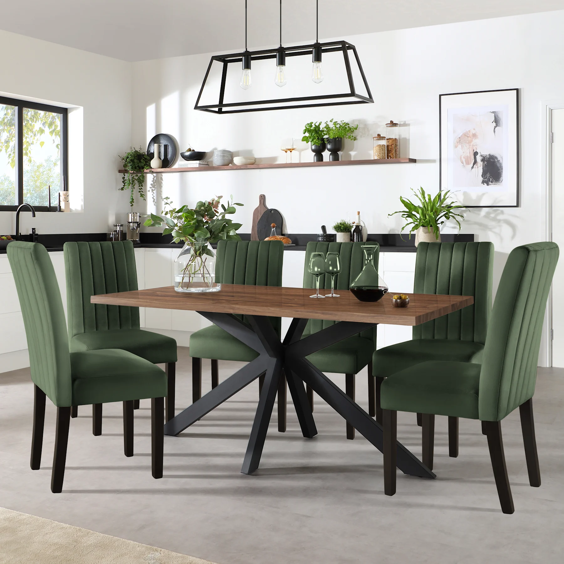 Madison Industrial Dining Table & 4 Salisbury Chairs, Walnut Effect & Black Steel, Moss Green Classic Plush Fabric & Black Solid Hardwood, 160cm