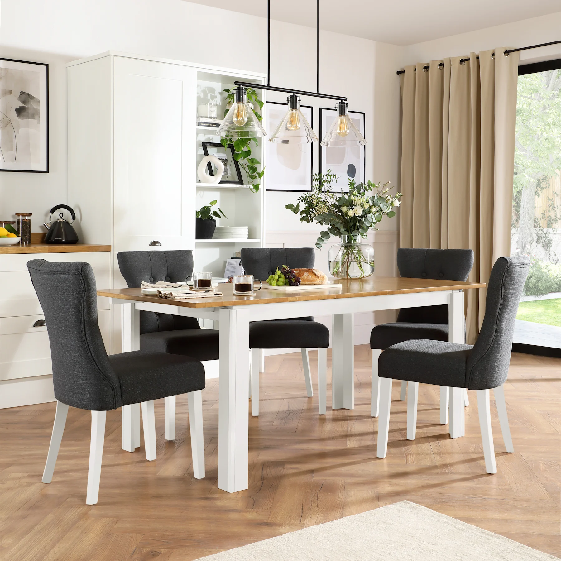 Bali Extending Dining Table & 6 Bewley Chairs, Natural Oak Finish & White Solid Hardwood, Slate Grey Classic Linen-Weave Fabric, 150-180cm