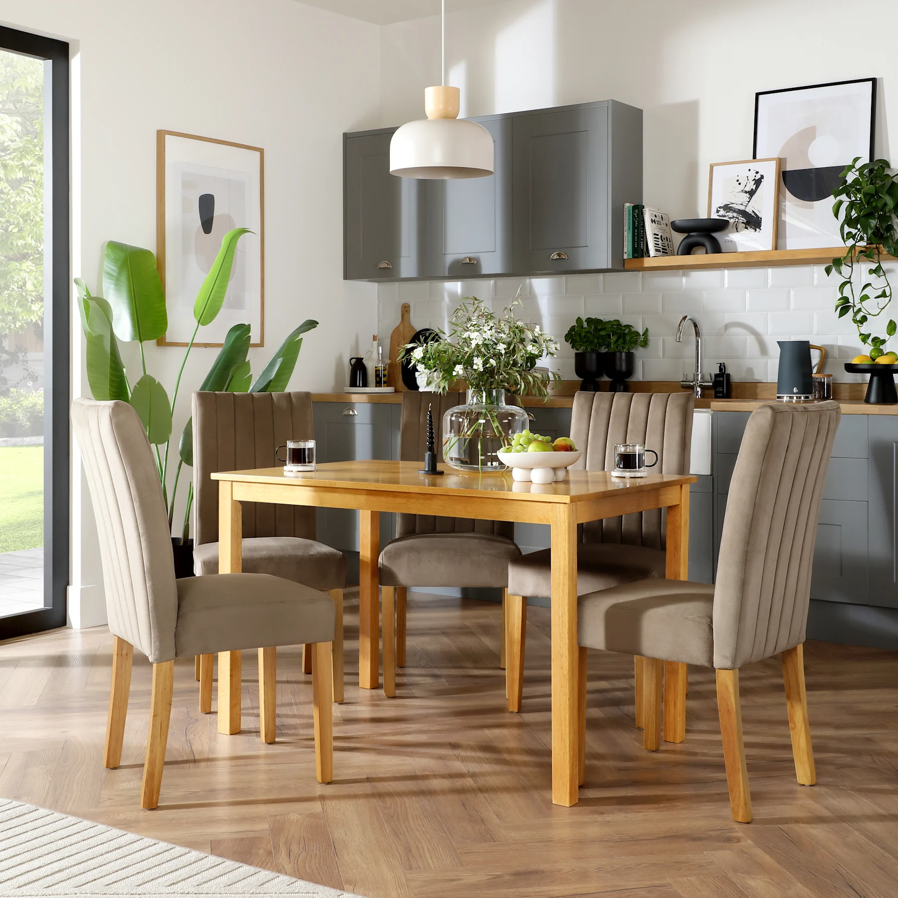 Milton Dining Table & 6 Salisbury Chairs, Natural Oak Finished Solid Hardwood, Beige Classic Velvet, 120cm