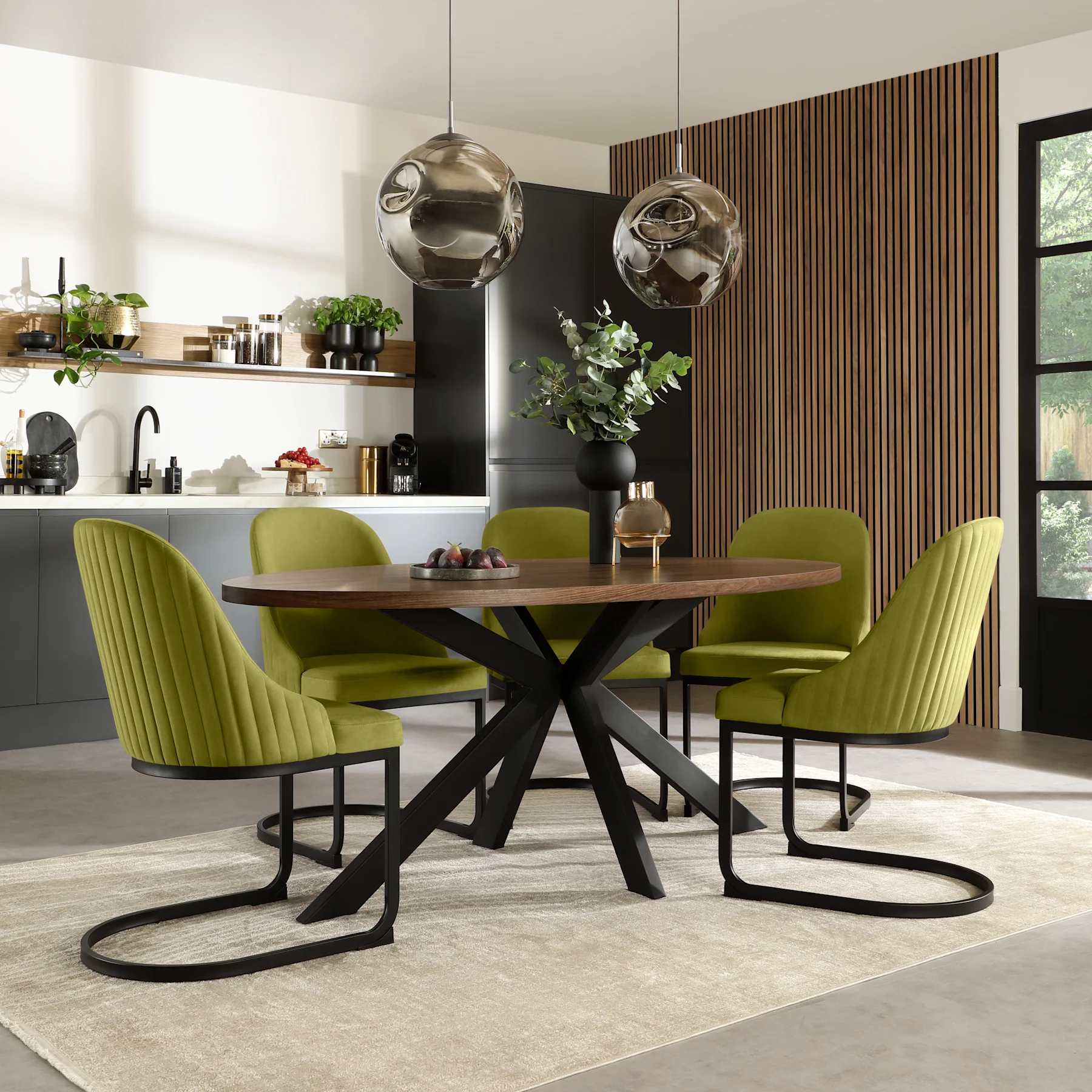Madison Oval Industrial Dining Table & 4 Riva Chairs, Walnut Effect & Black Steel, Olive Green Classic Velvet, 180cm