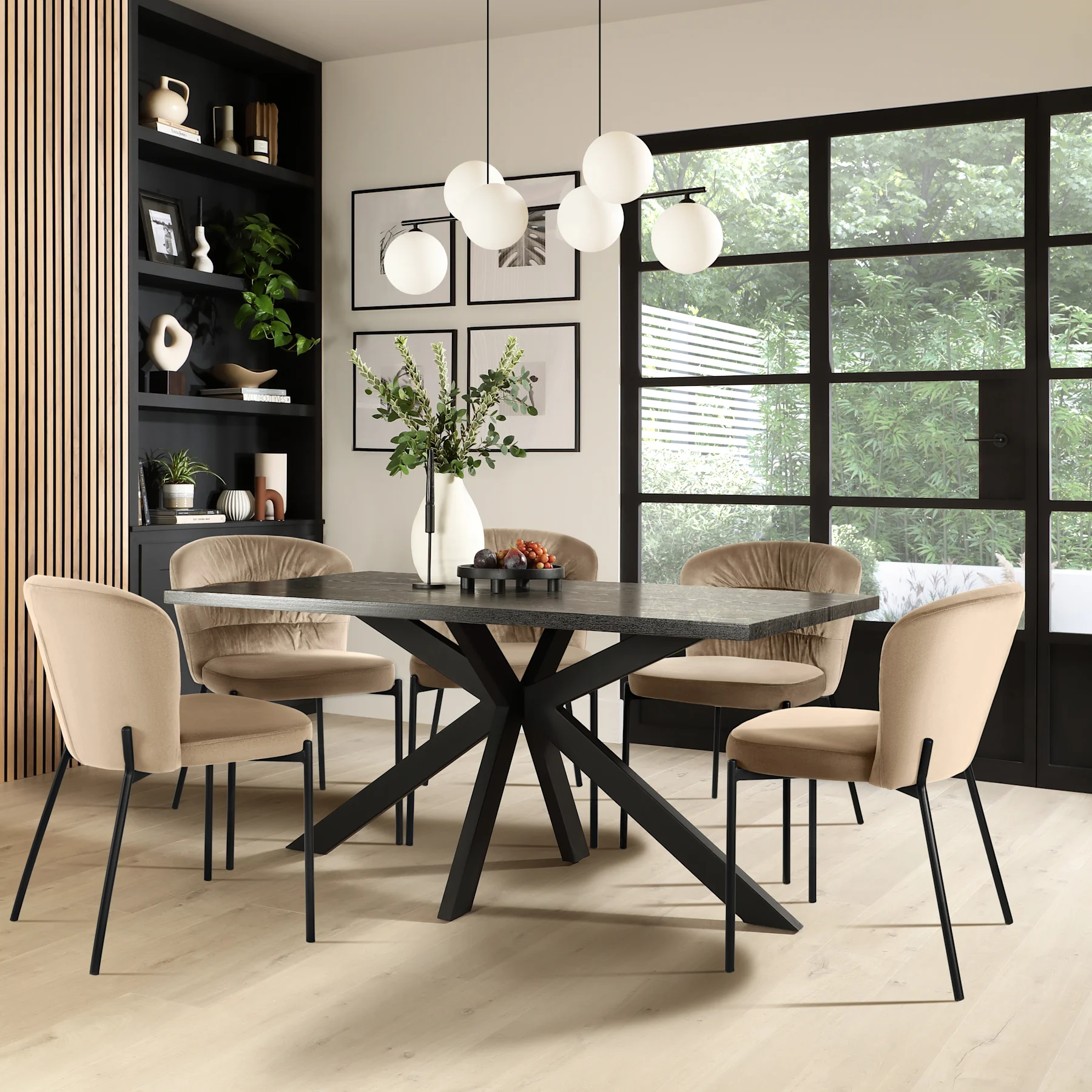 Madison Dining Table & 4 Gianna Chairs, Black Oak Effect & Black Steel, Champagne Classic Velvet, 160cm