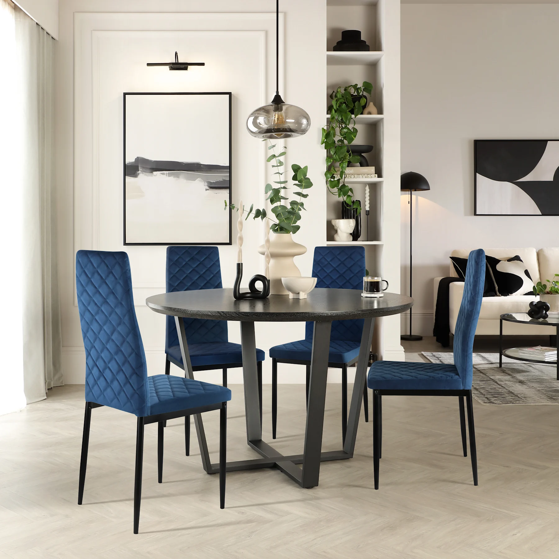 Traviso Round Dining Table & 4 Renzo Chairs, Black Oak Effect & Black Steel, Blue Classic Velvet, 120cm
