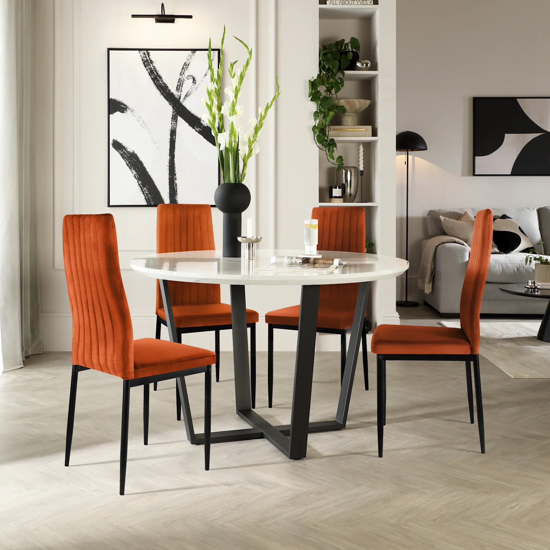 Traviso Round Dining Table & 4 Leon Chairs, White Marble Effect & Black Steel, Burnt Orange Classic Velvet, 120cm