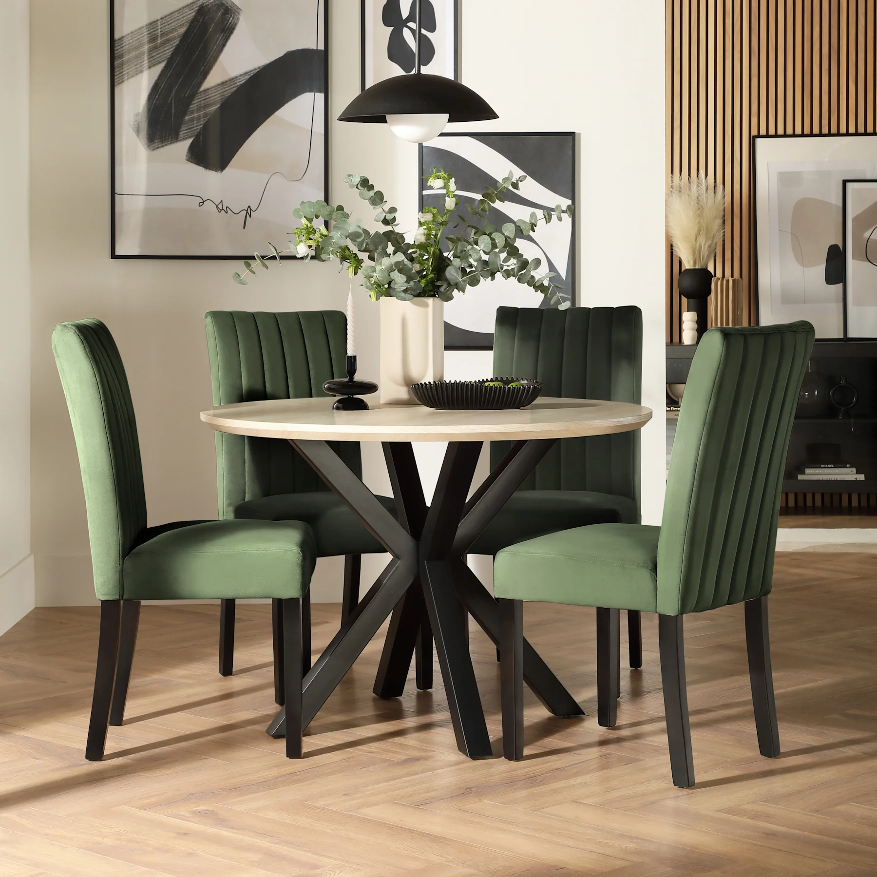 Newark Round Dining Table & 4 Salisbury Chairs, Light Oak Effect & Black Steel, Moss Green Classic Plush Fabric & Black Solid Hardwood, 110cm