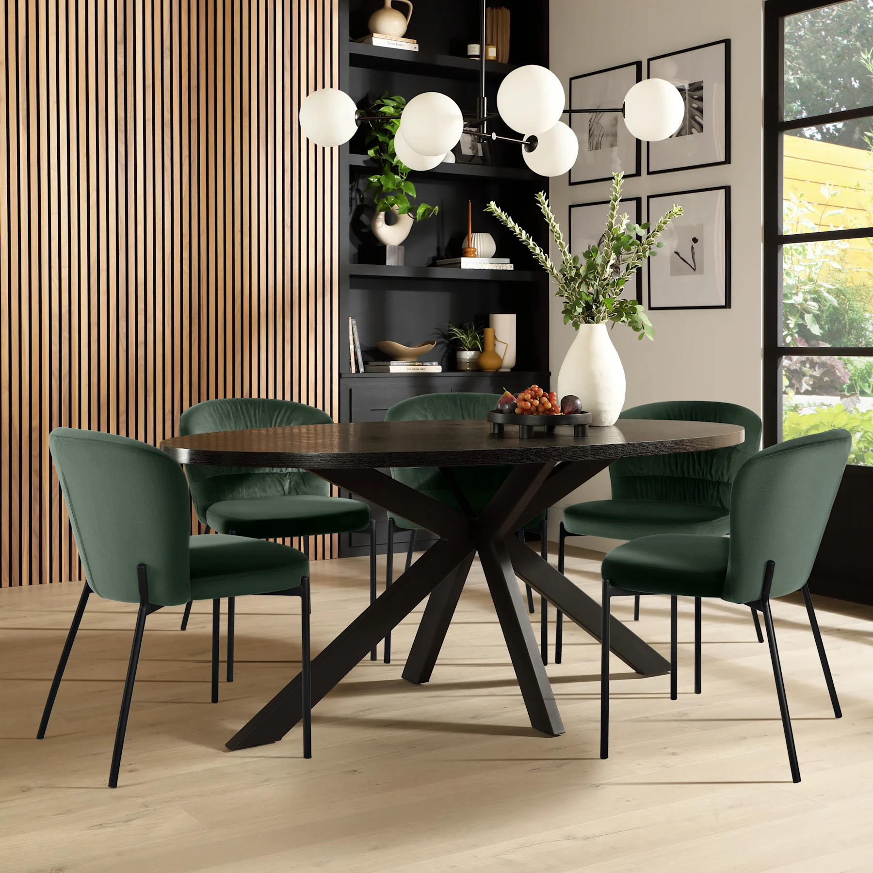 Madison Oval Dining Table & 6 Gianna Chairs, Black Oak Effect & Black Steel, Moss Green Classic Velvet, 180cm
