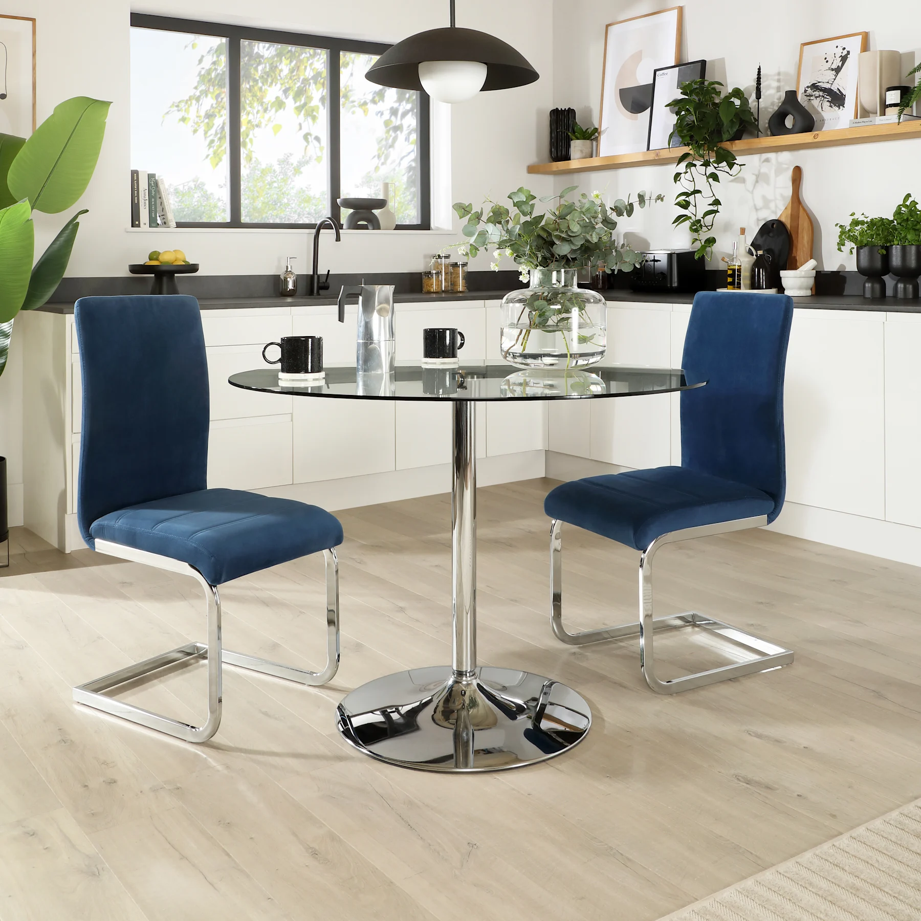 Orbit Round Dining Table & 2 Perth Chairs, Glass & Chrome, Blue Classic Velvet, 110cm