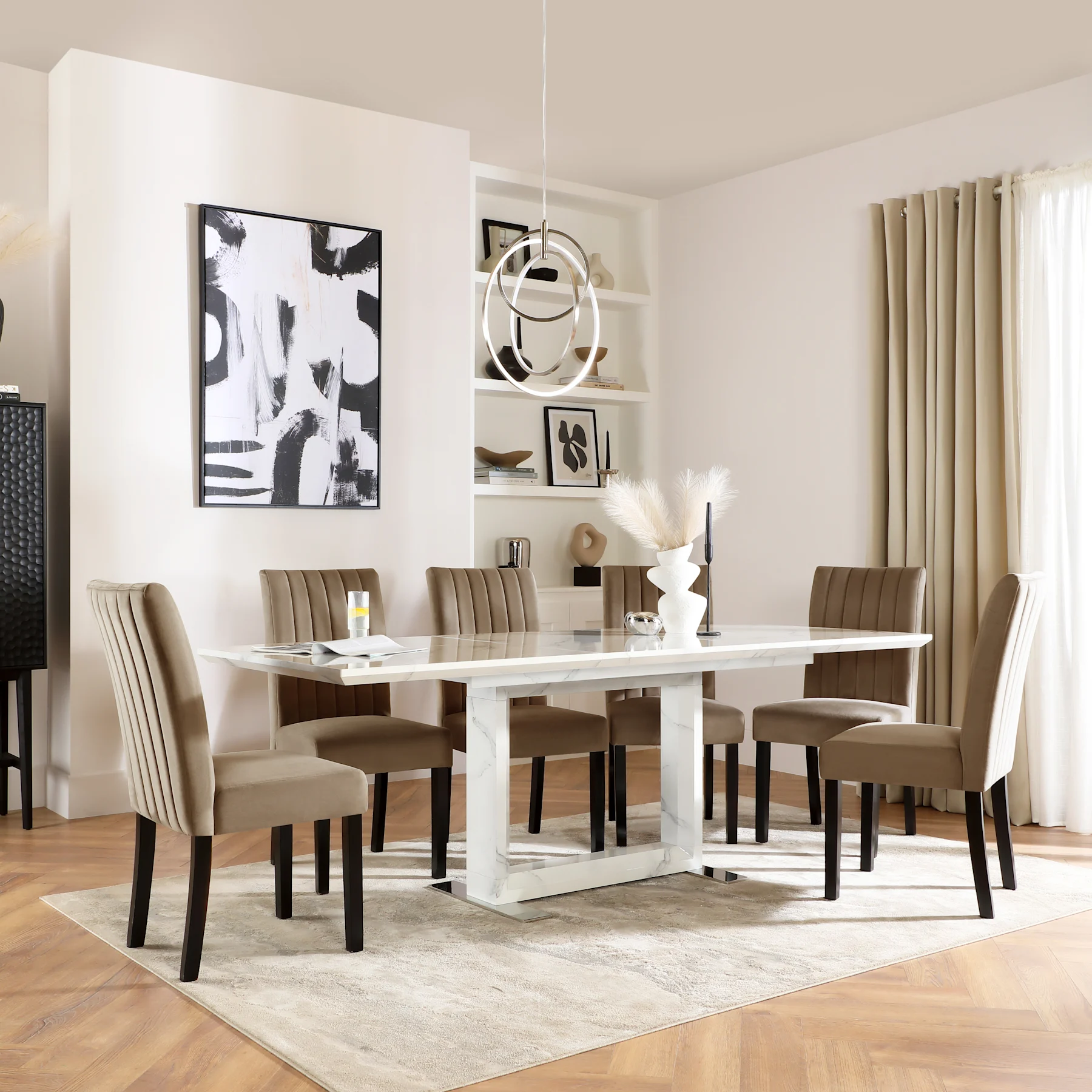 Tokyo Extending Dining Table & 8 Salisbury Chairs, White Marble Effect, Beige Classic Velvet & Black Solid Hardwood, 160-220cm