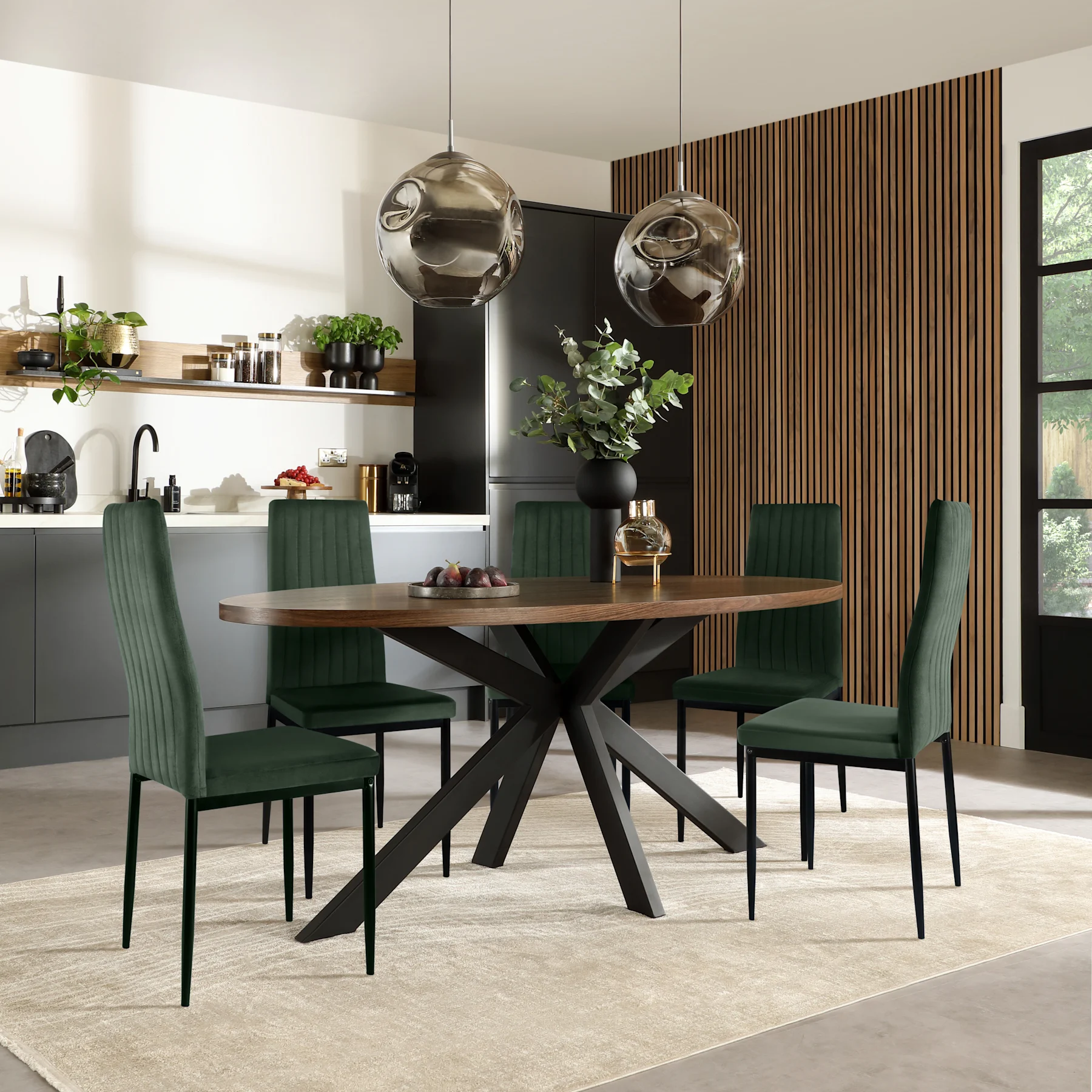 Madison Oval Industrial Dining Table & 6 Leon  Chairs, Walnut Effect & Black Steel, Moss Green Classic Velvet, 150cm