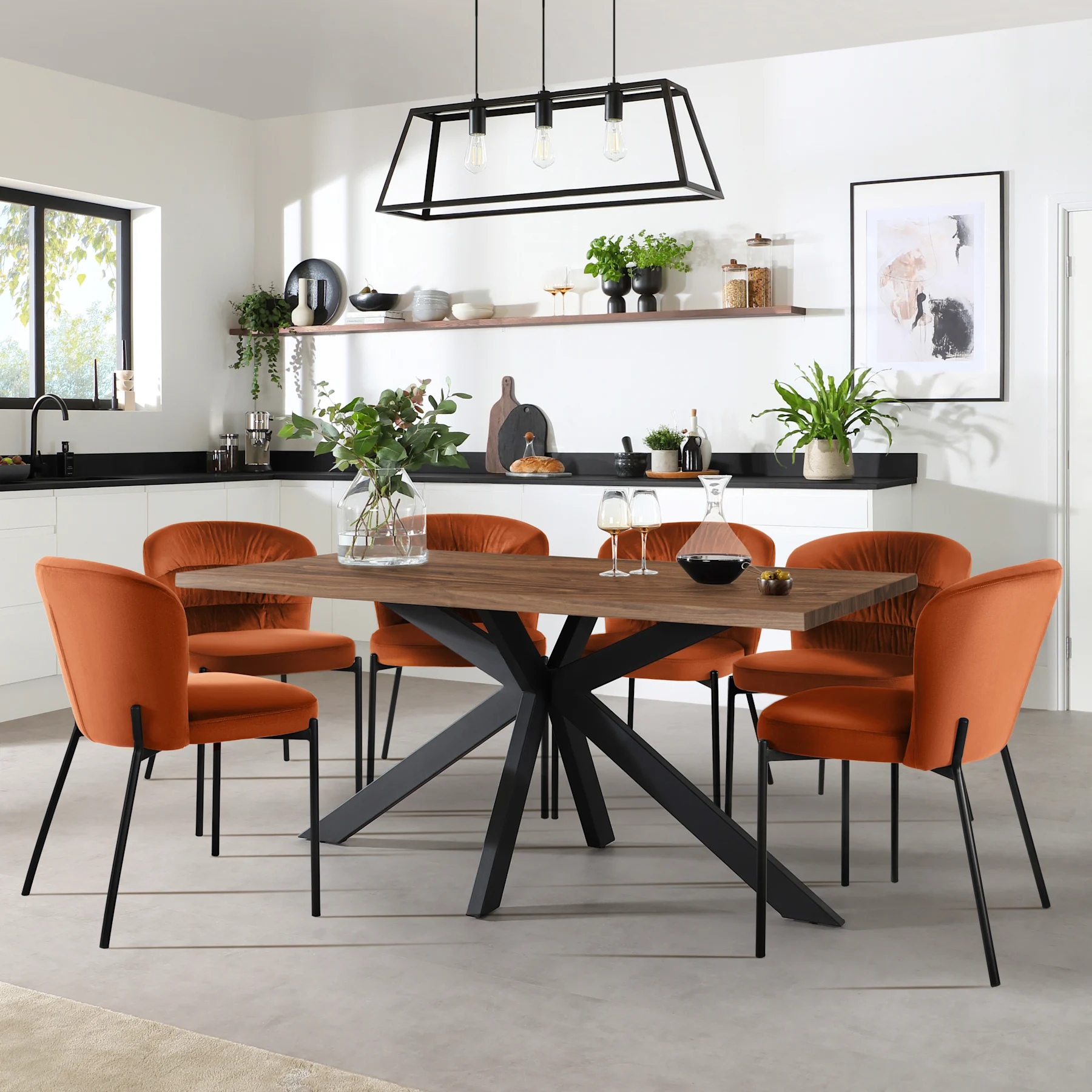 Madison Industrial Dining Table & 6 Gianna Chairs, Walnut Effect & Black Steel, Burnt Orange Classic Velvet, 160cm