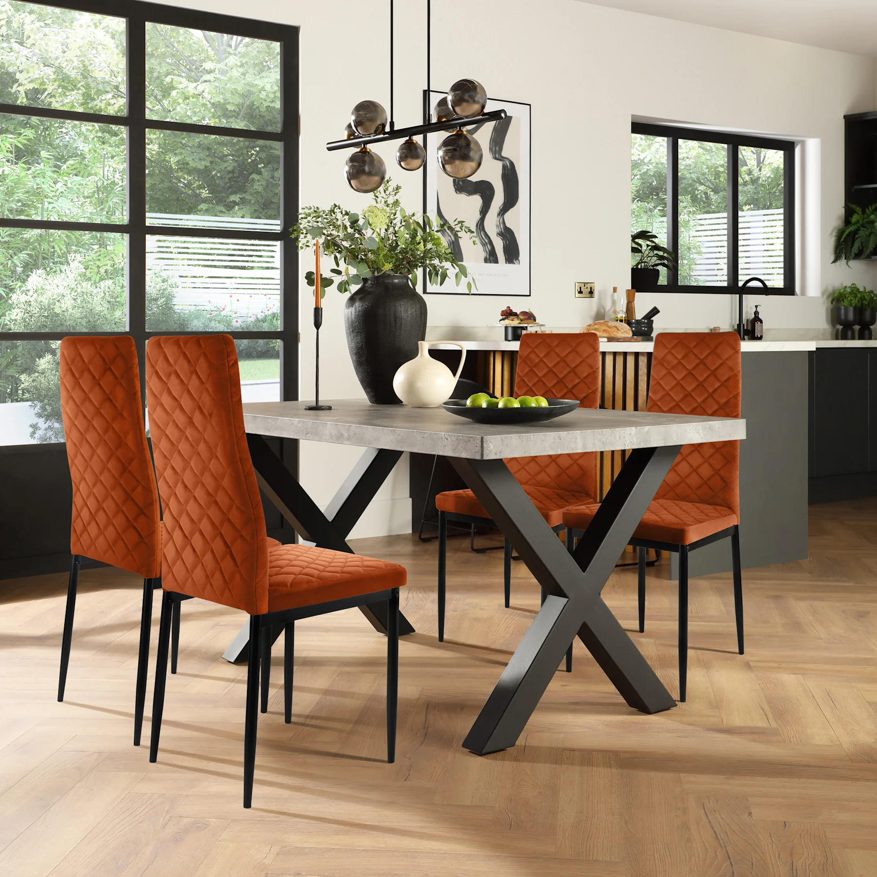 Franklin Industrial Dining Table & 4 Renzo  Chairs, Grey Concrete Effect & Black Steel, Burnt Orange Classic Velvet, 150cm