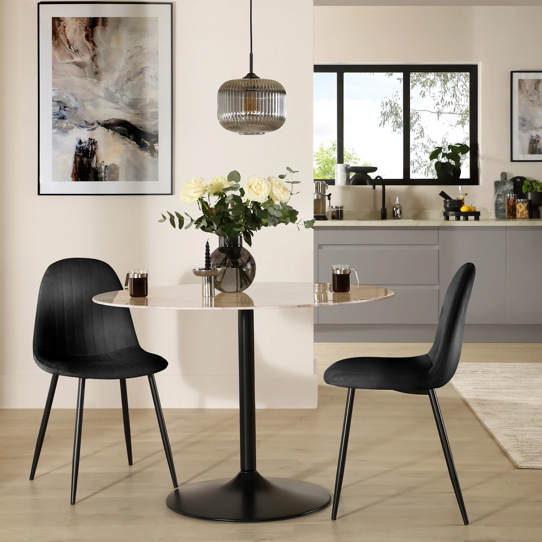 Orbit Round Dining Table & 2 Brooklyn Chairs, Beige Marble Effect & Black Steel, Black Classic Velvet, 110cm