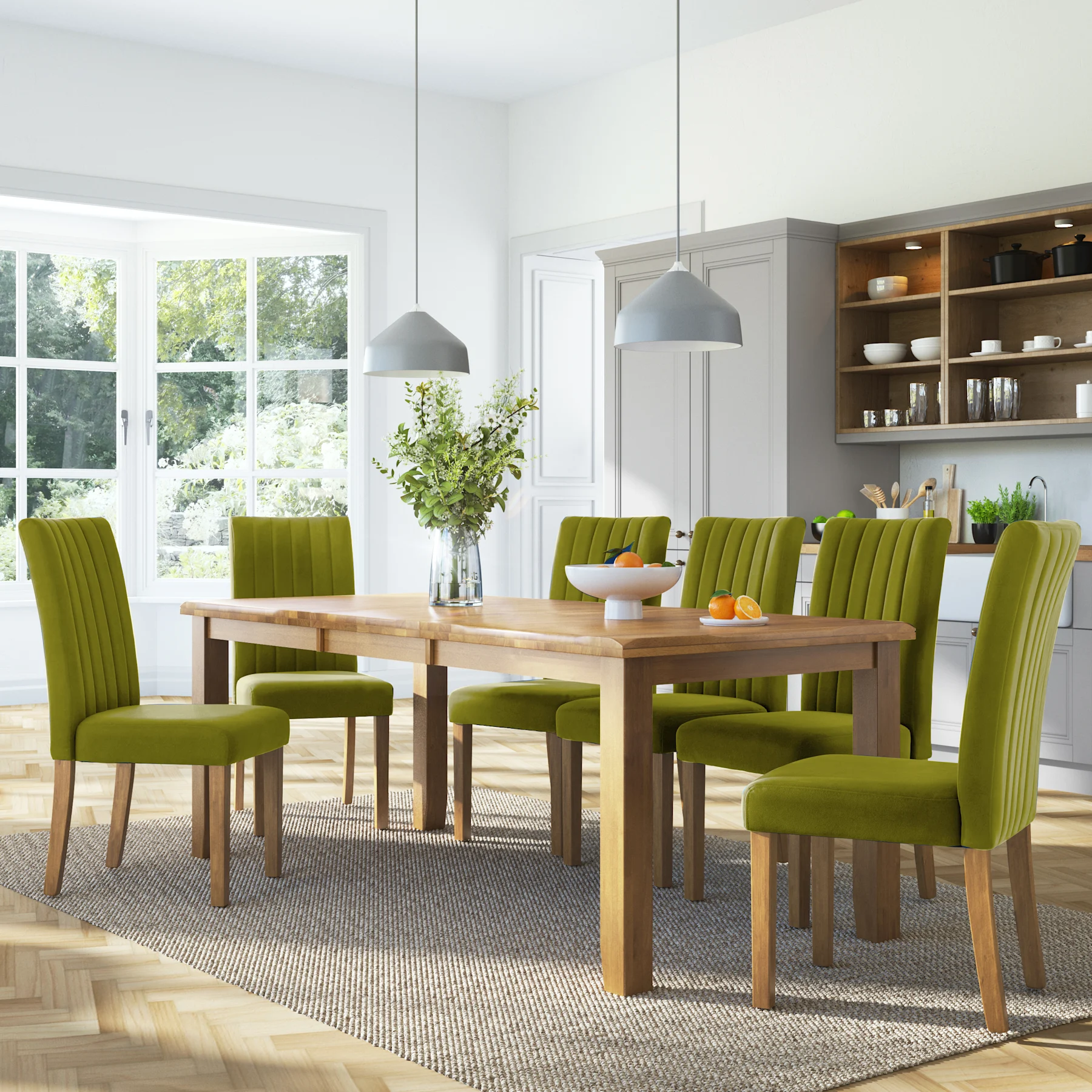 Highbury Extending Dining Table & 8 Salisbury Chairs, Natural Oak Finished Solid Hardwood, Olive Green Classic Velvet, 150-200cm