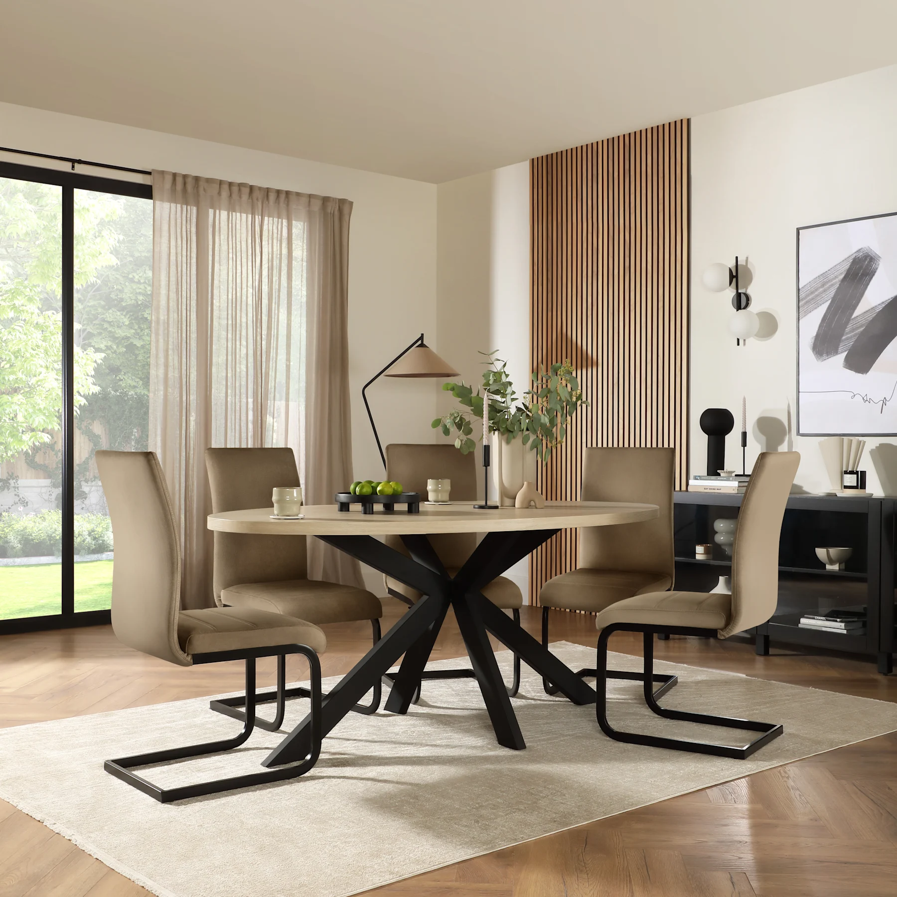 Madison Oval Dining Table & 4 Perth Chairs, Light Oak Effect & Black Steel, Beige Classic Velvet, 180cm