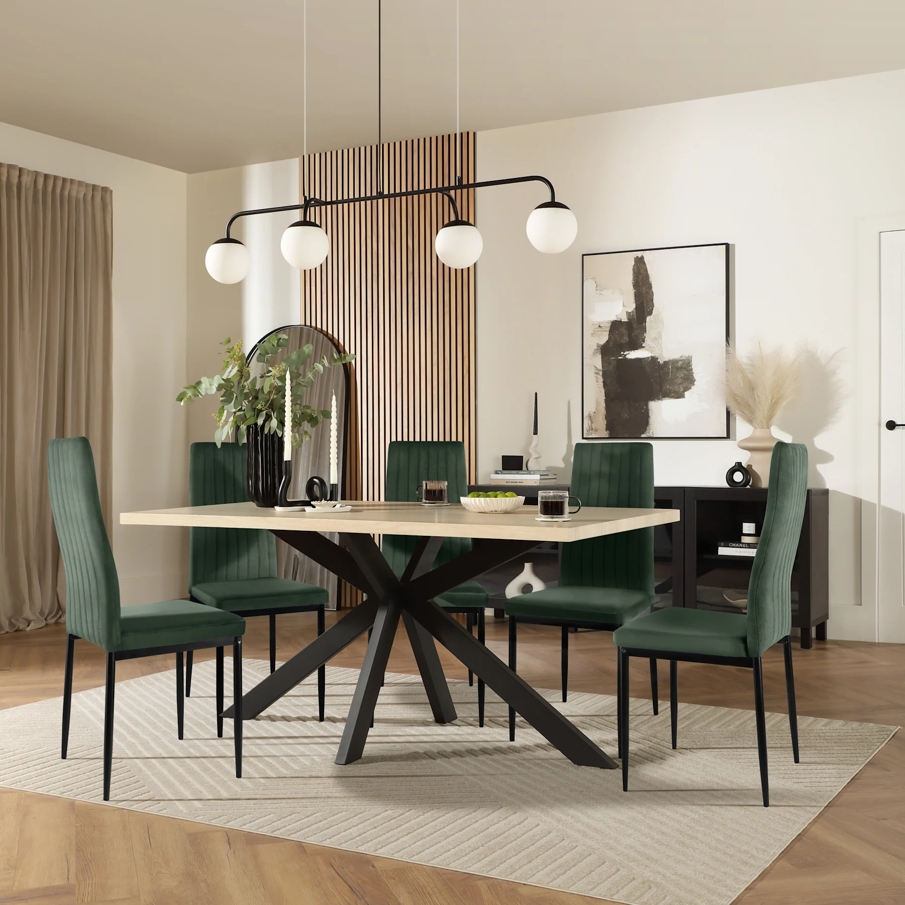 Madison Dining Table & 6 Leon  Chairs, Light Oak Effect & Black Steel, Moss Green Classic Velvet, 150cm